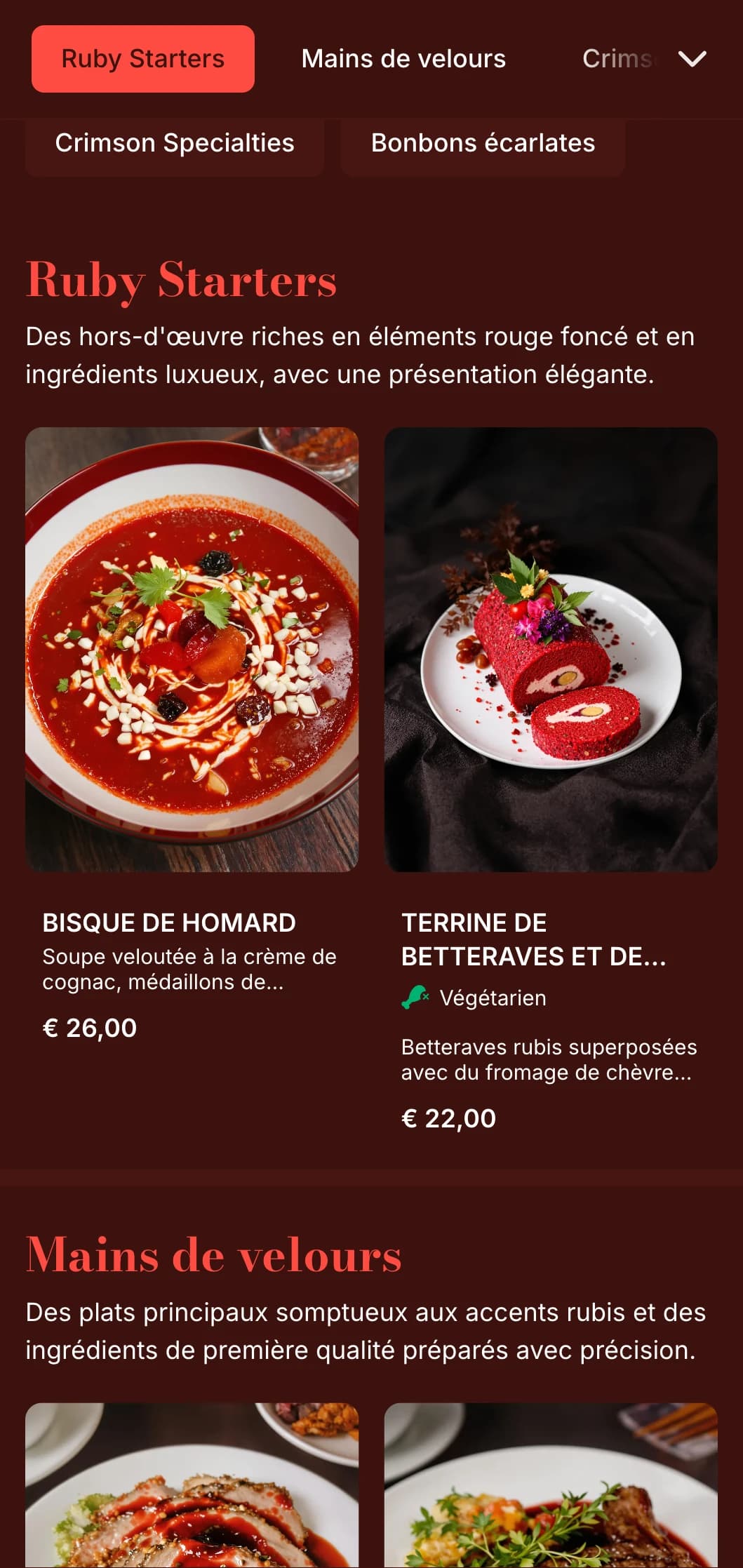 Un menu riche, rouge rubis, avec des textures luxuriantes et des éléments dramatiques, conçu pour les lieux de restauration romantiques.
