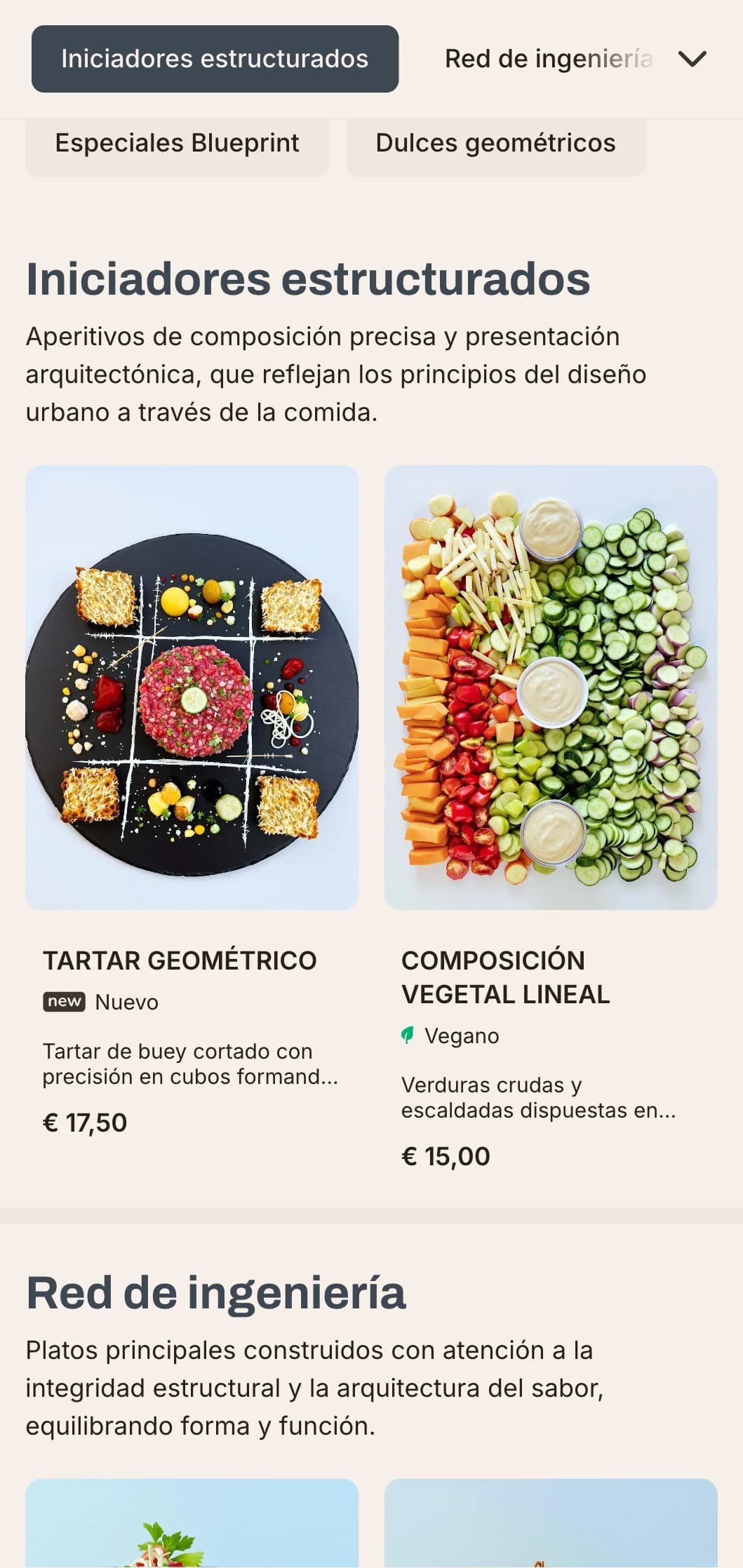 Diseño de menú de almuerzo audaz y arquitectónico, con líneas marcadas y elementos urbanos, ideal para restaurantes contemporáneos en distritos de negocios y urbanizaciones modernas.