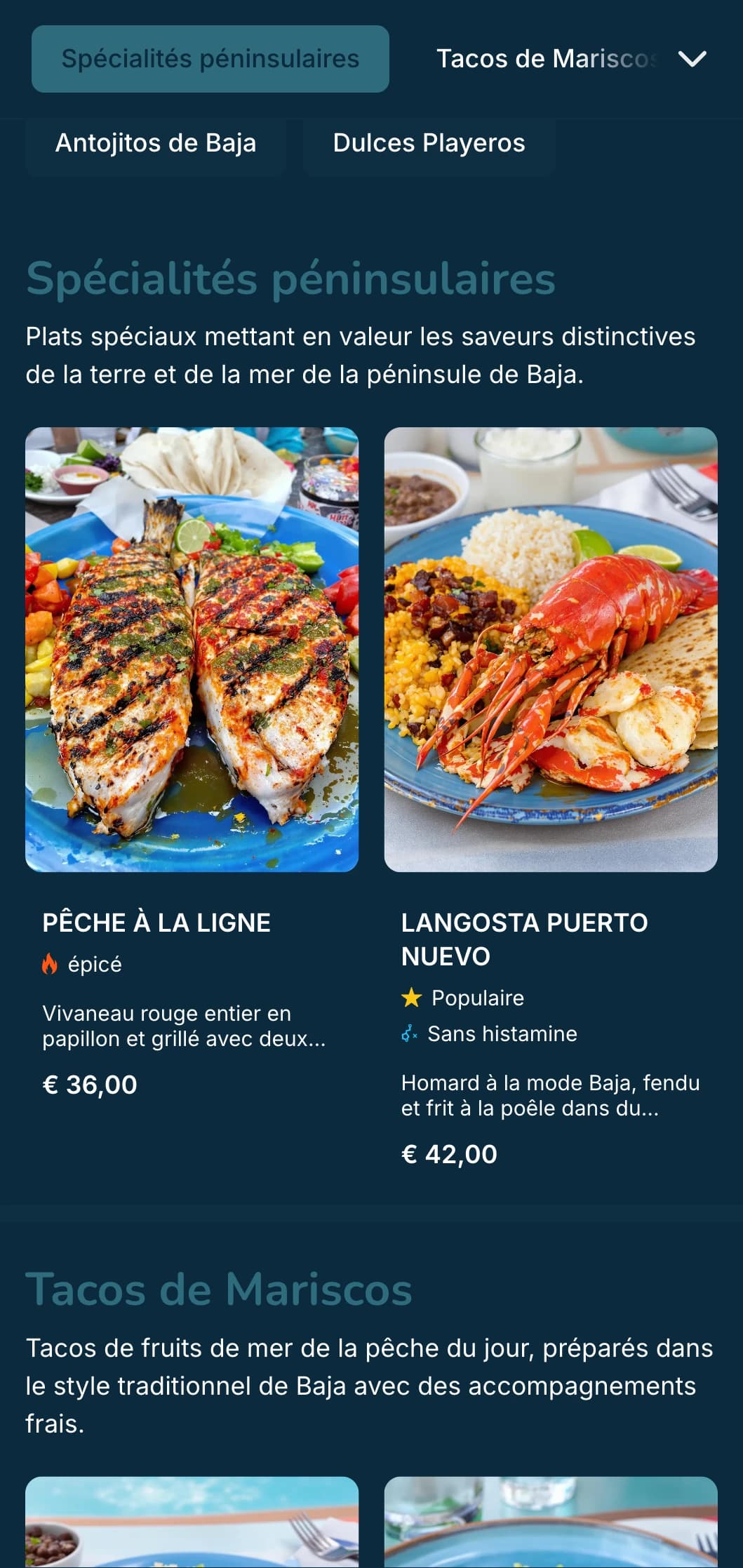 Menu léger et rafraîchissant inspiré des Bajas, avec des tacos de fruits de mer, des ingrédients frais et des accents bleus côtiers dans une ambiance de plage moderne.
