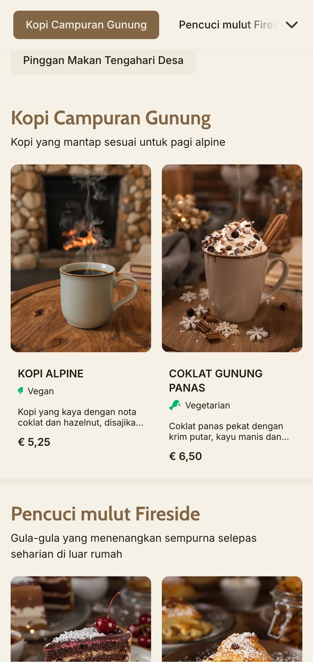 Reka bentuk berinspirasikan kayu yang selesa dengan unsur gunung untuk kafe alpine dan tempat makan rumah persinggahan.