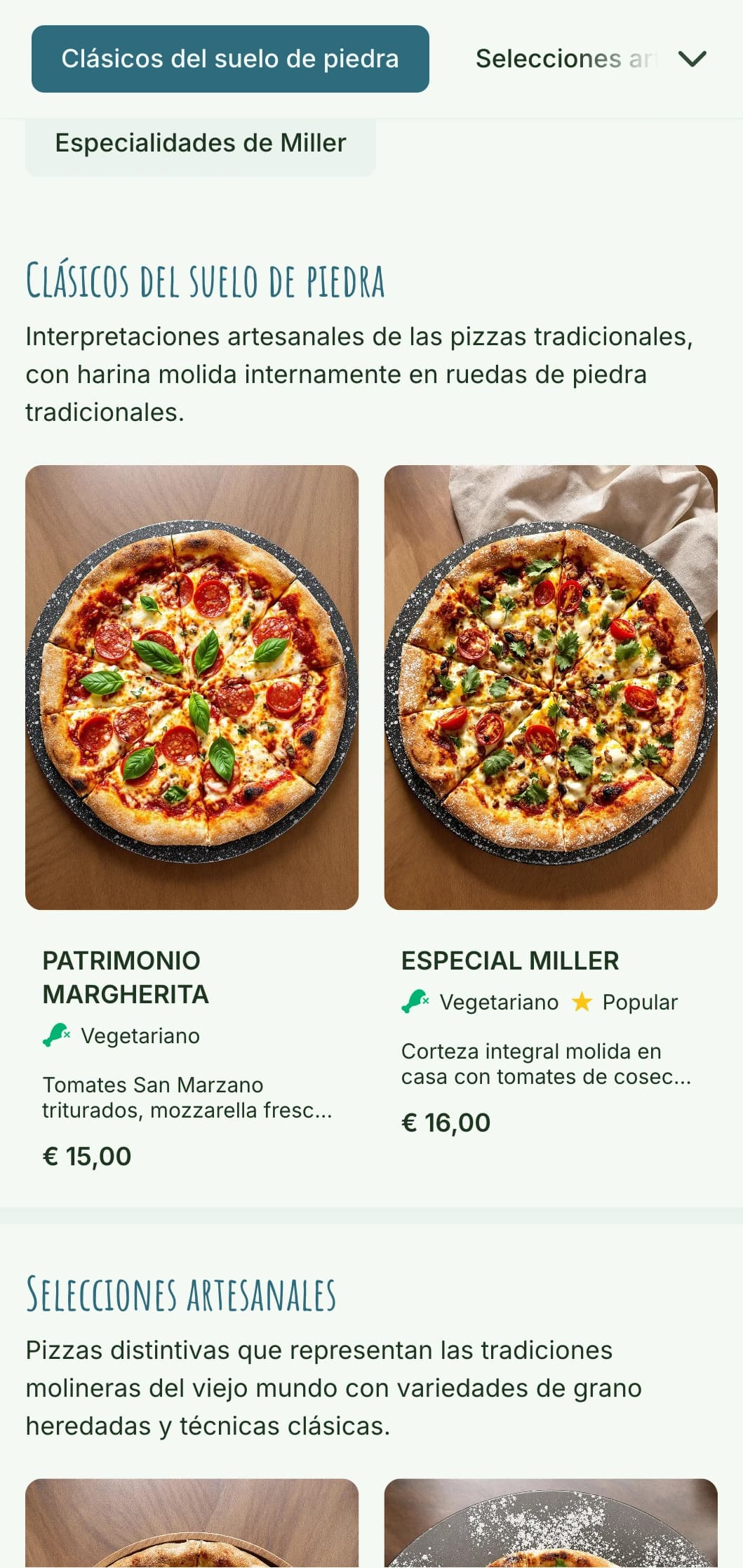 Carta de pizzas rústicas de harina molida a la piedra con elementos artesanales y estética natural.