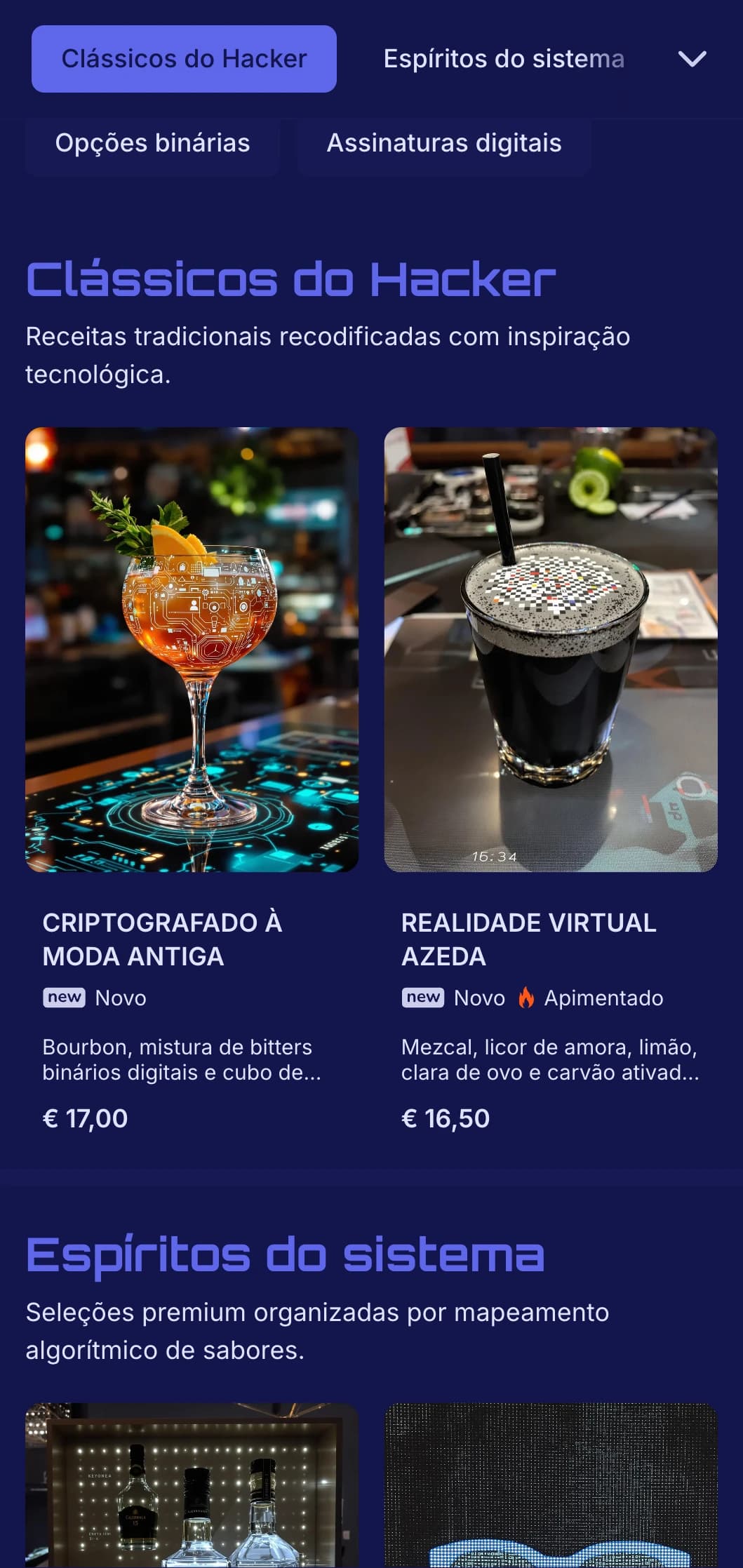 Design futurista em azul e preto com elementos digitais para bares de última geração.
