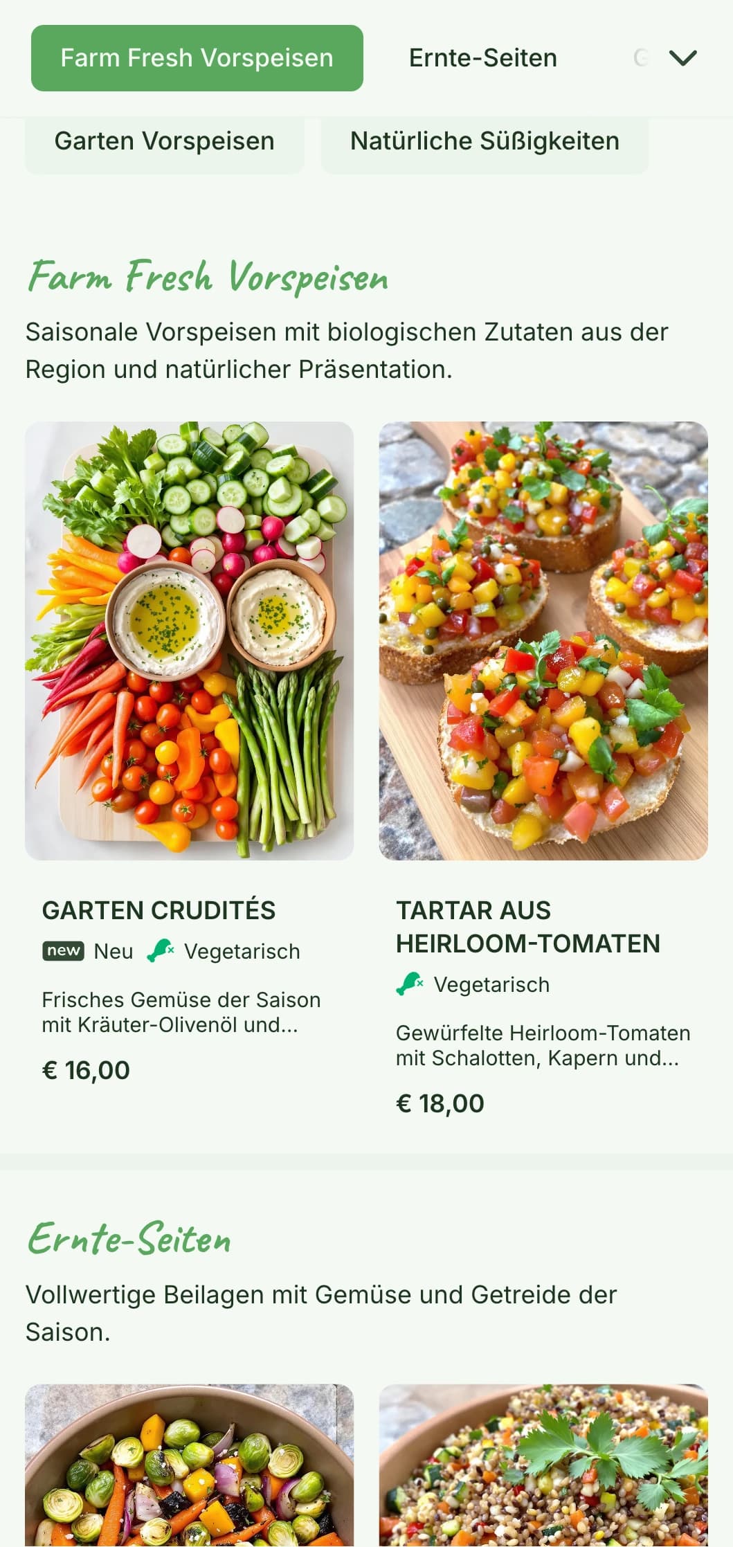 Frisches Farm-to-Table-Catering mit saisonalen Bio-Zutaten, schön präsentiert mit natürlichen Elementen für Gartenfeste und Veranstaltungen im Freien.