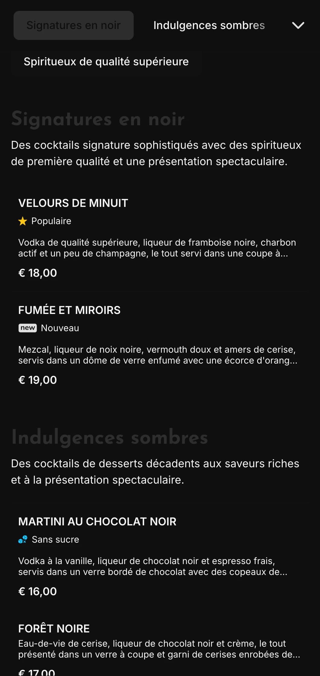 Un design sombre et élégant pour les salons de cocktails et les boîtes de nuit contemporains, avec des éléments très contrastés et une typographie audacieuse.