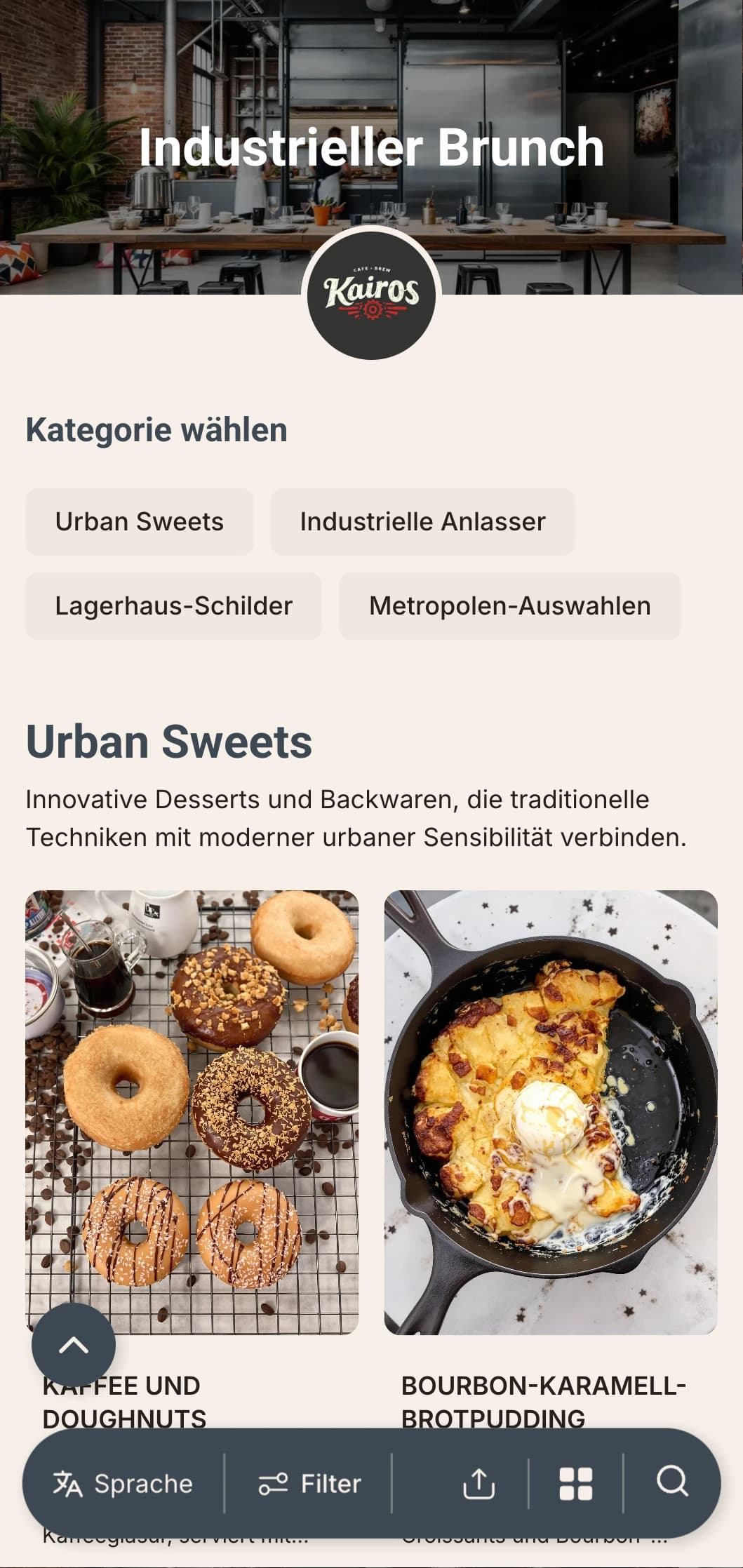 Rohe, urbane Brunch-Vorlage mit industriellen Designelementen, geeignet für Lagerhaus-Cafés und umgebaute Räume.