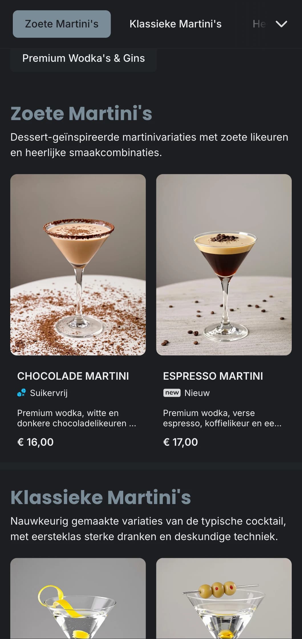 Een verfijnd, stedelijk menu-ontwerp voor martini bars en lounges met strakke typografie en koele grijstinten.