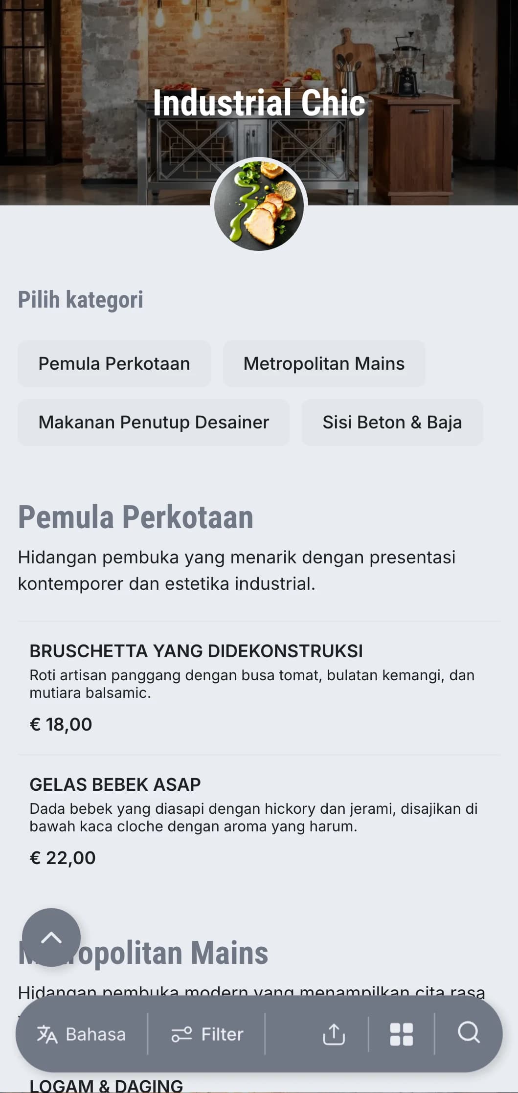 Presentasi katering yang mentah dan edgy dengan estetika urban modern, elemen metalik, dan tekstur beton untuk acara gudang dan pembukaan galeri.
