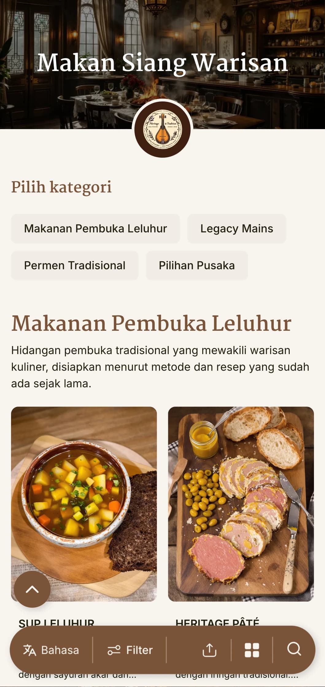 Desain menu makan siang tradisional yang terinspirasi dari warisan budaya dengan elemen historis dan tipografi yang tak lekang oleh waktu, cocok untuk restoran dan tempat makan yang memiliki makna budaya.