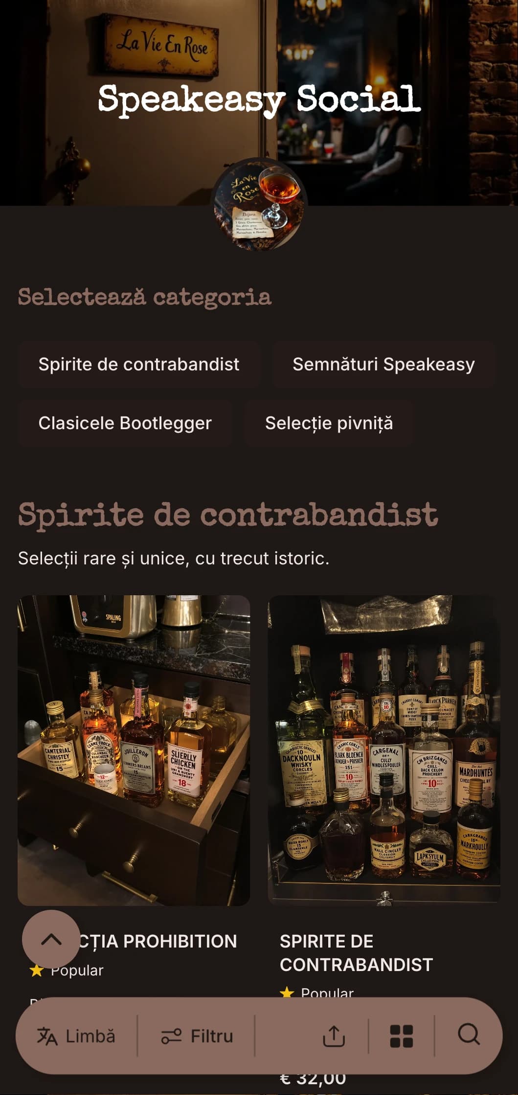 Design întunecat, misterios, cu elemente de mașină de scris de epocă pentru baruri de cocktail ascunse.