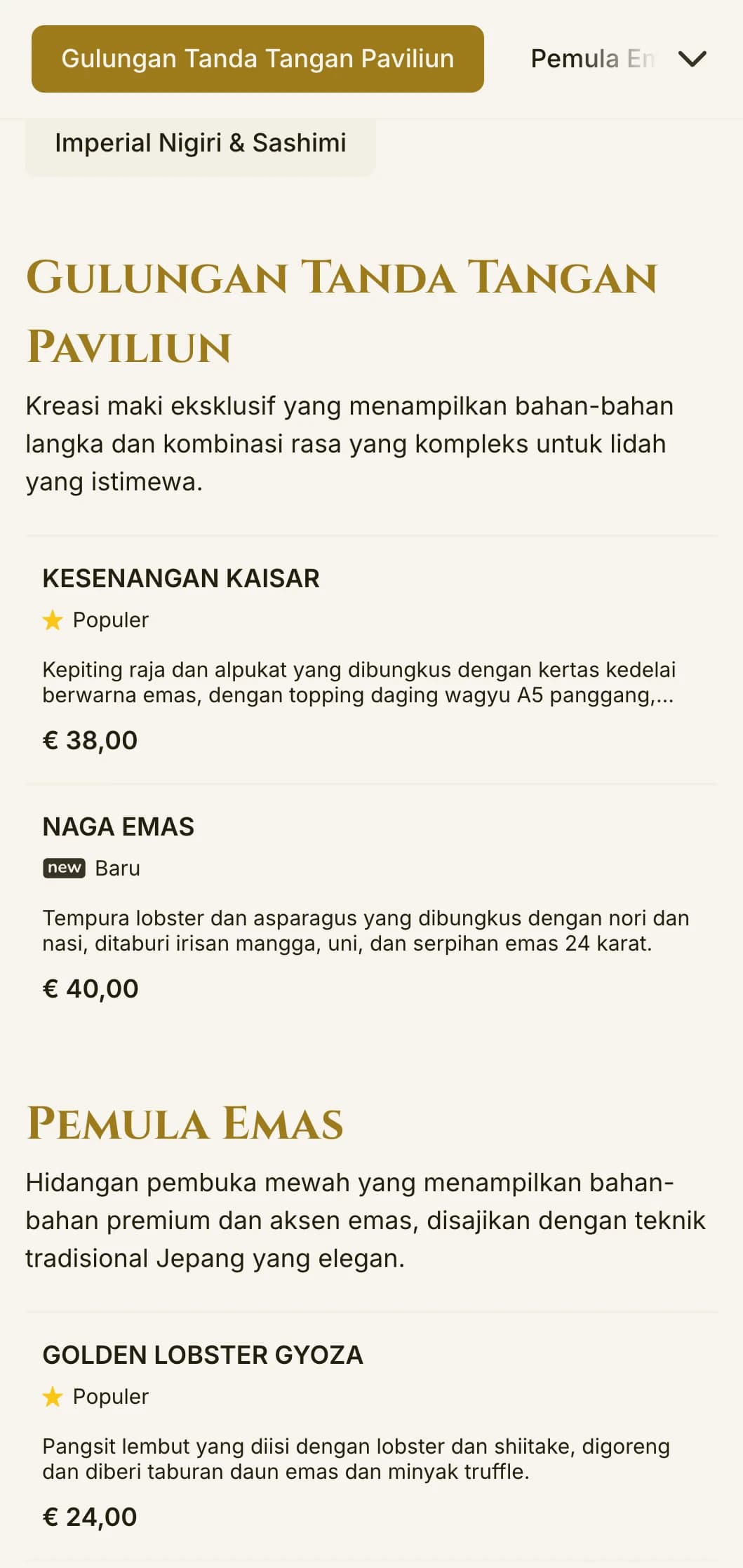 Menu sushi mewah beraksen emas yang terinspirasi dari kuil terkenal di Kyoto, dengan tipografi yang elegan dan elemen tradisional.