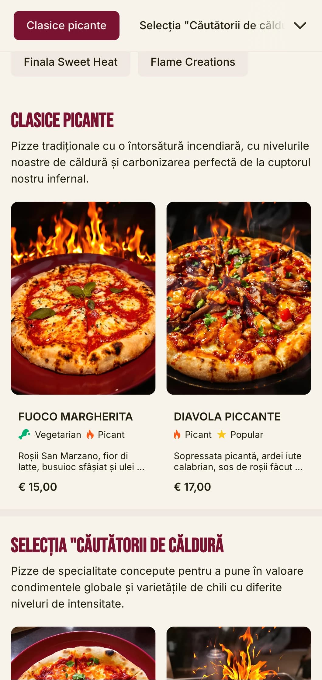 Meniu de pizza energic, cu tipografie îndrăzneață și culori vibrante pentru specialiștii în pizza picantă.