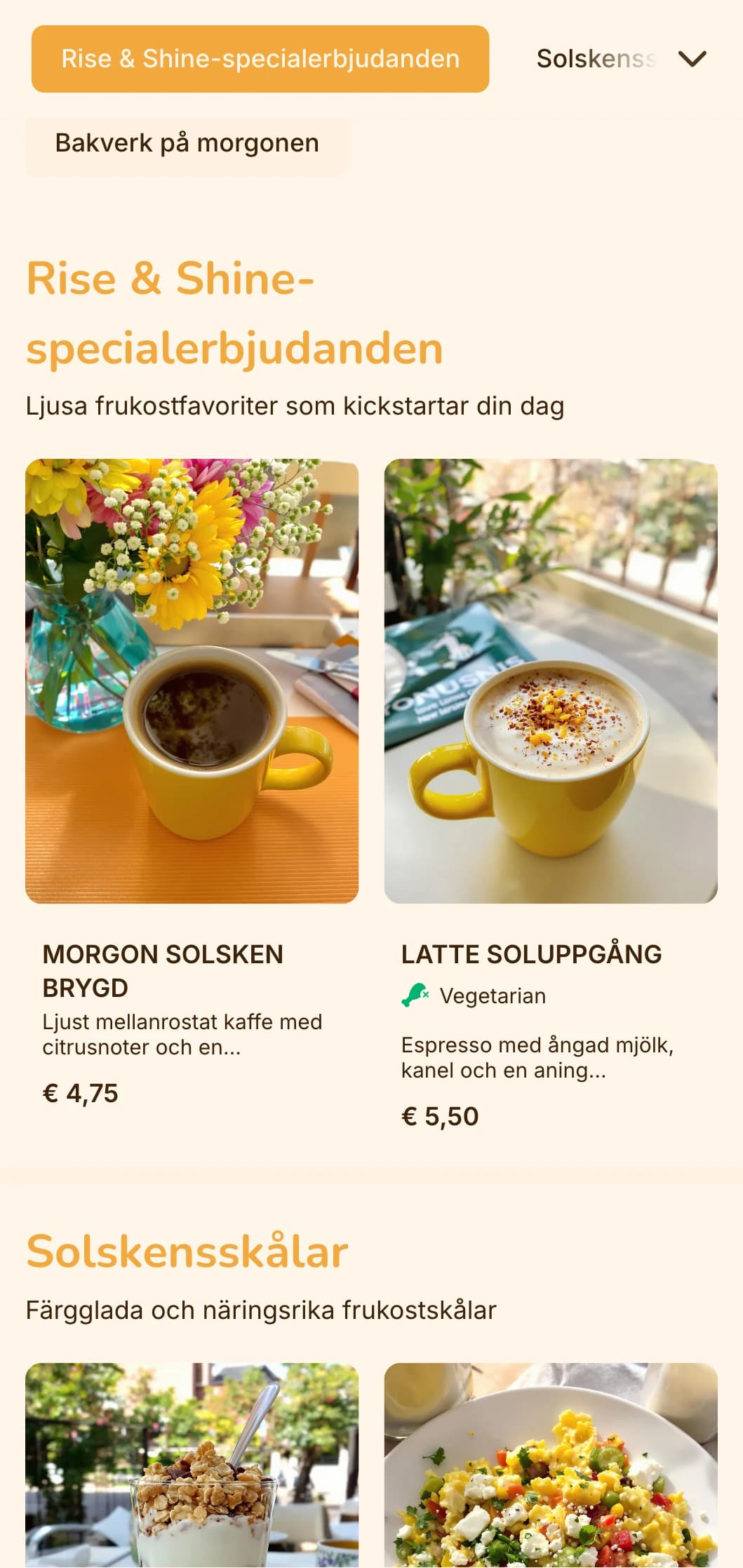 Glad design i gult och orange med soliga inslag för frukostrestauranger och brunchställen.