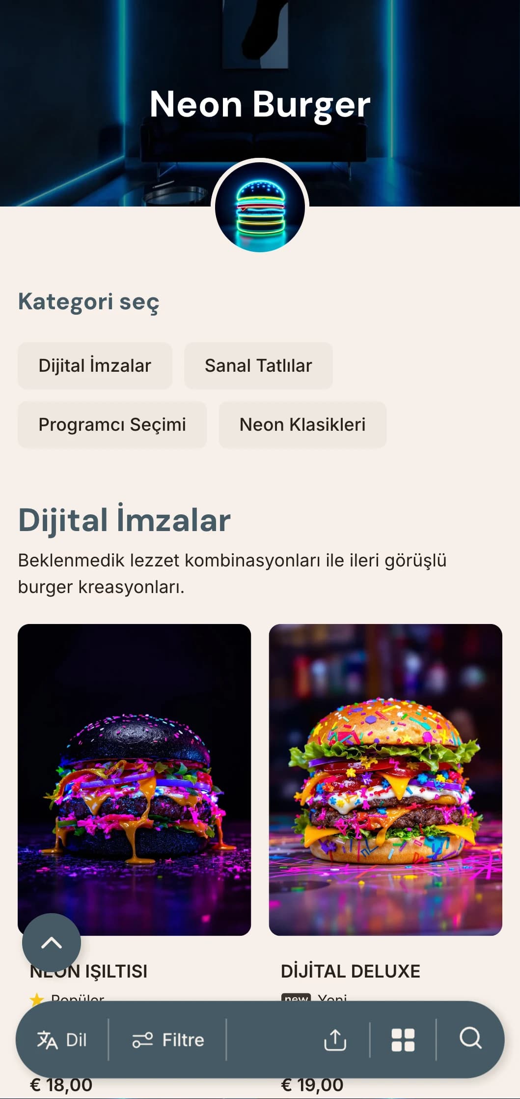 Neon aksanları ve çağdaş kentsel havasıyla canlı gece hayatından ilham alan burger bar.