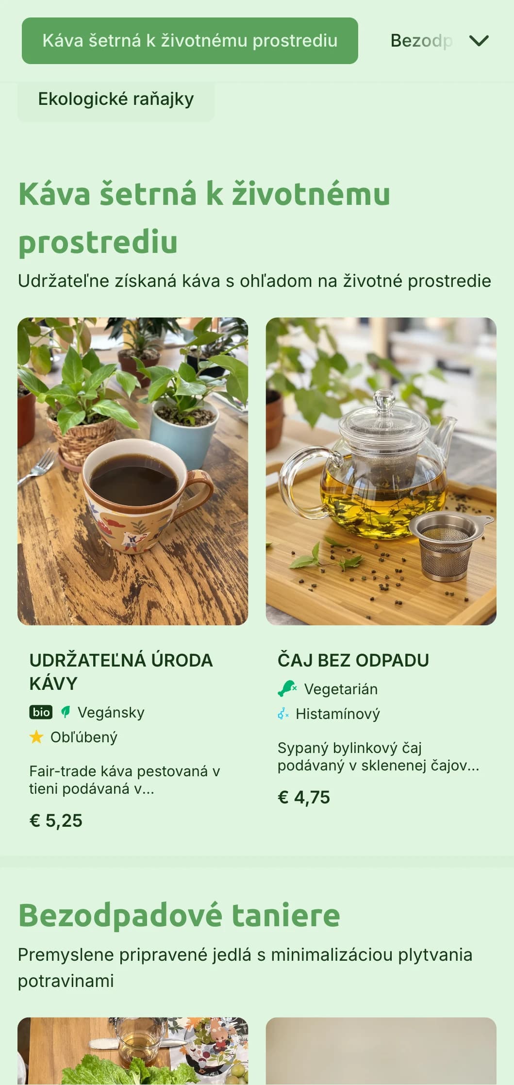 Zemitý zelený dizajn s dôrazom na organické prísady pre kaviarne a ekologické reštaurácie.