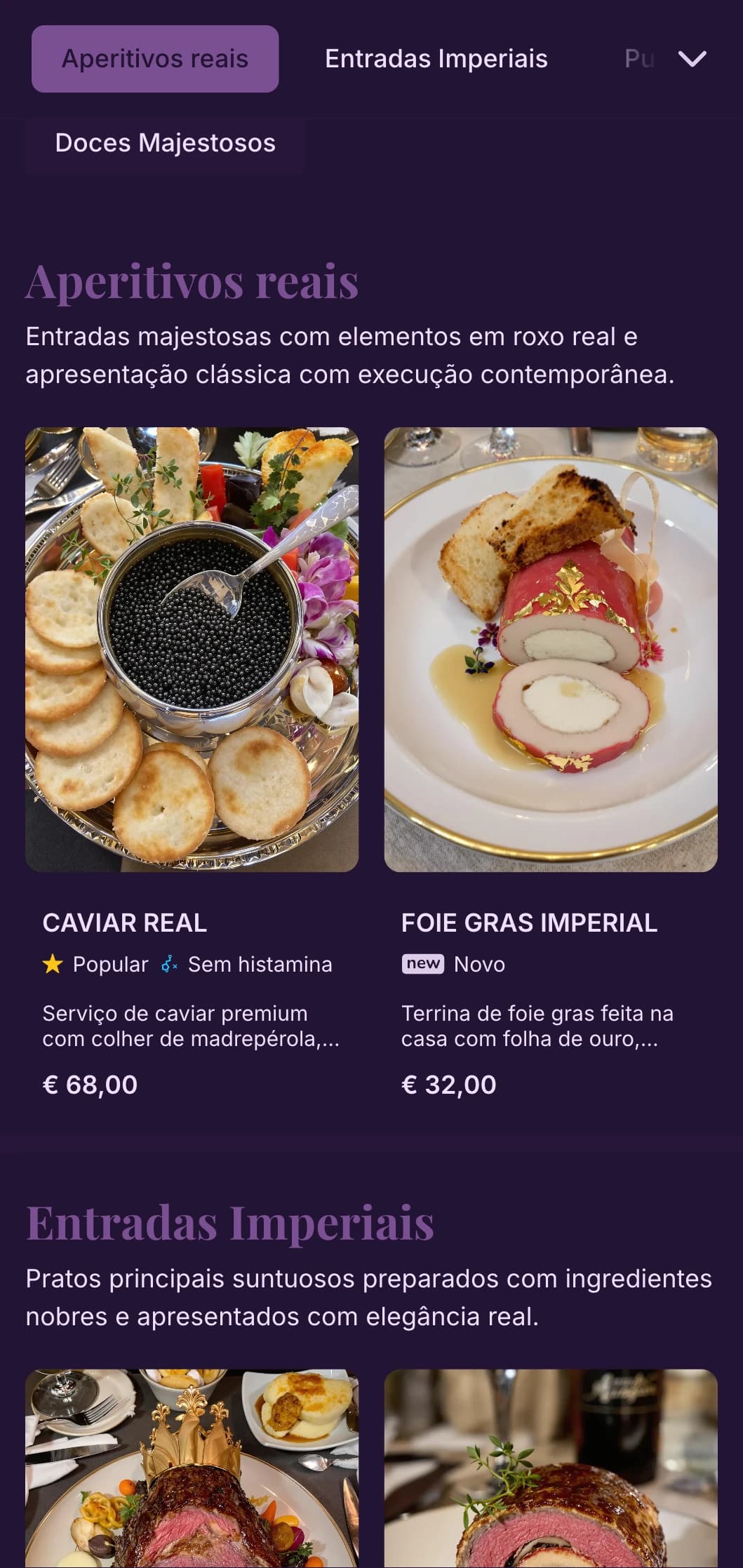 Conceito de jantar majestoso com tons de púrpura real e elementos de luxo contemporâneos para uma experiência nobre.