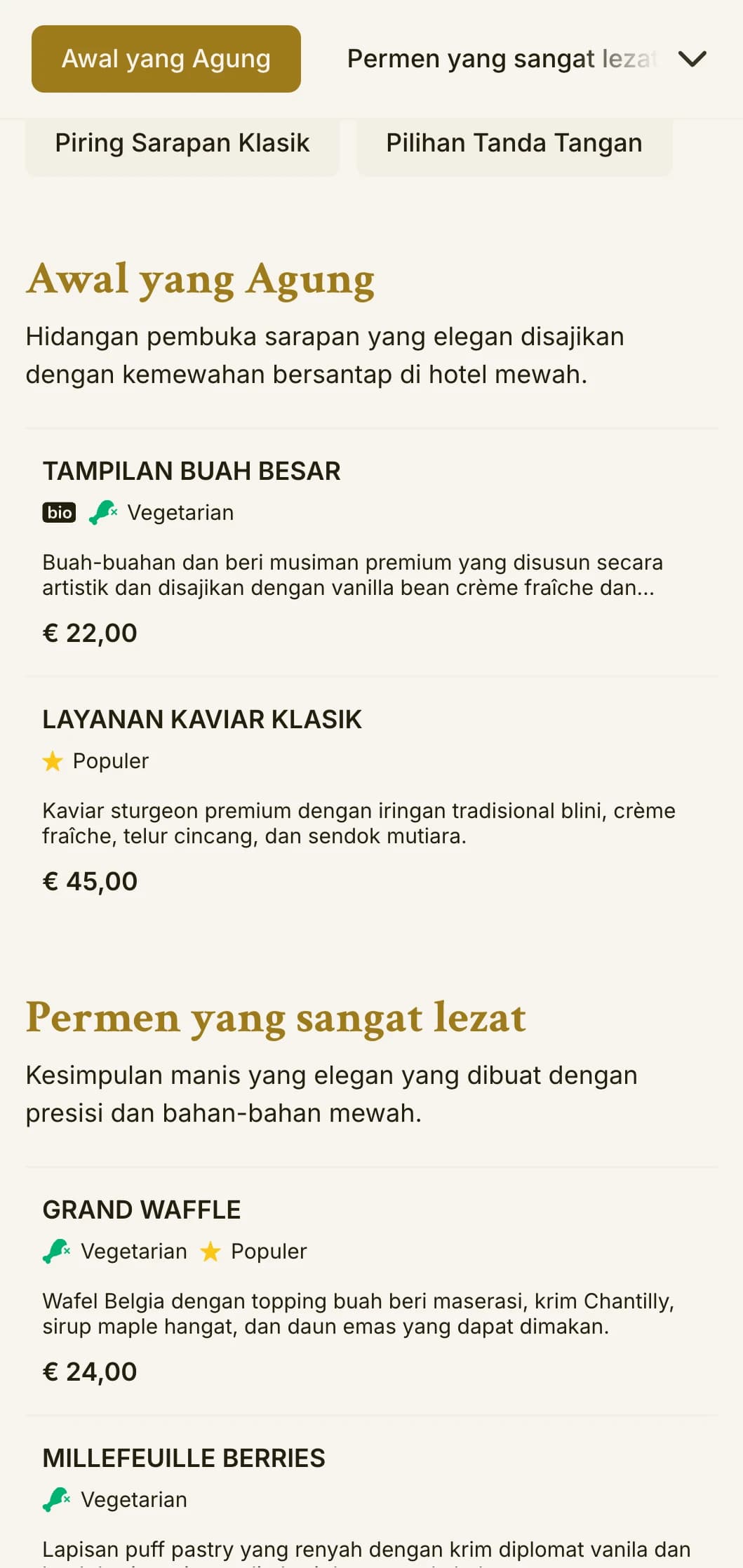 Santap pagi yang mewah dengan bahan-bahan premium dan presentasi elegan dalam tradisi hotel yang megah.