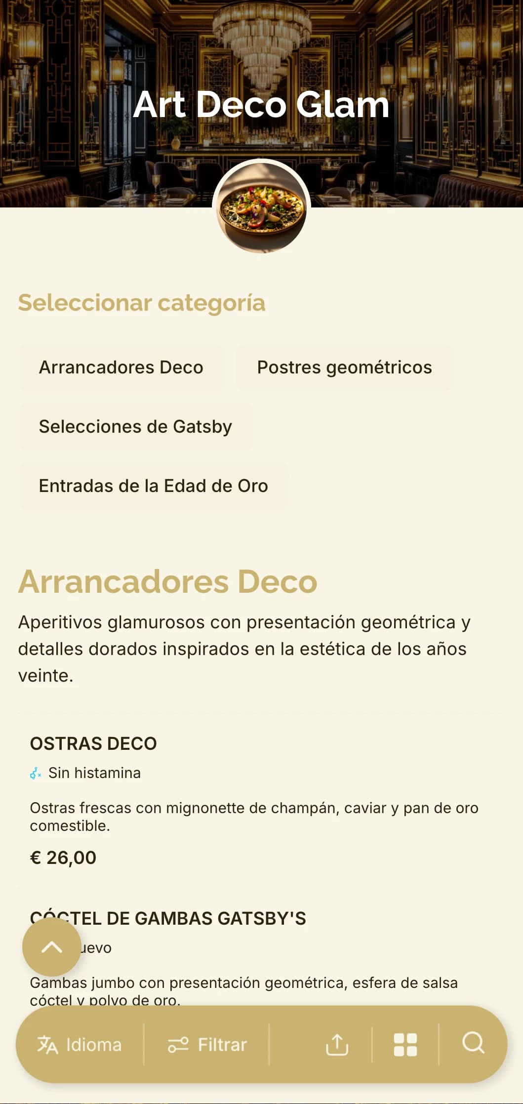 Diseño glamuroso inspirado en los años 20 con motivos geométricos y toques dorados para una experiencia gastronómica atemporal y contemporánea a la vez.