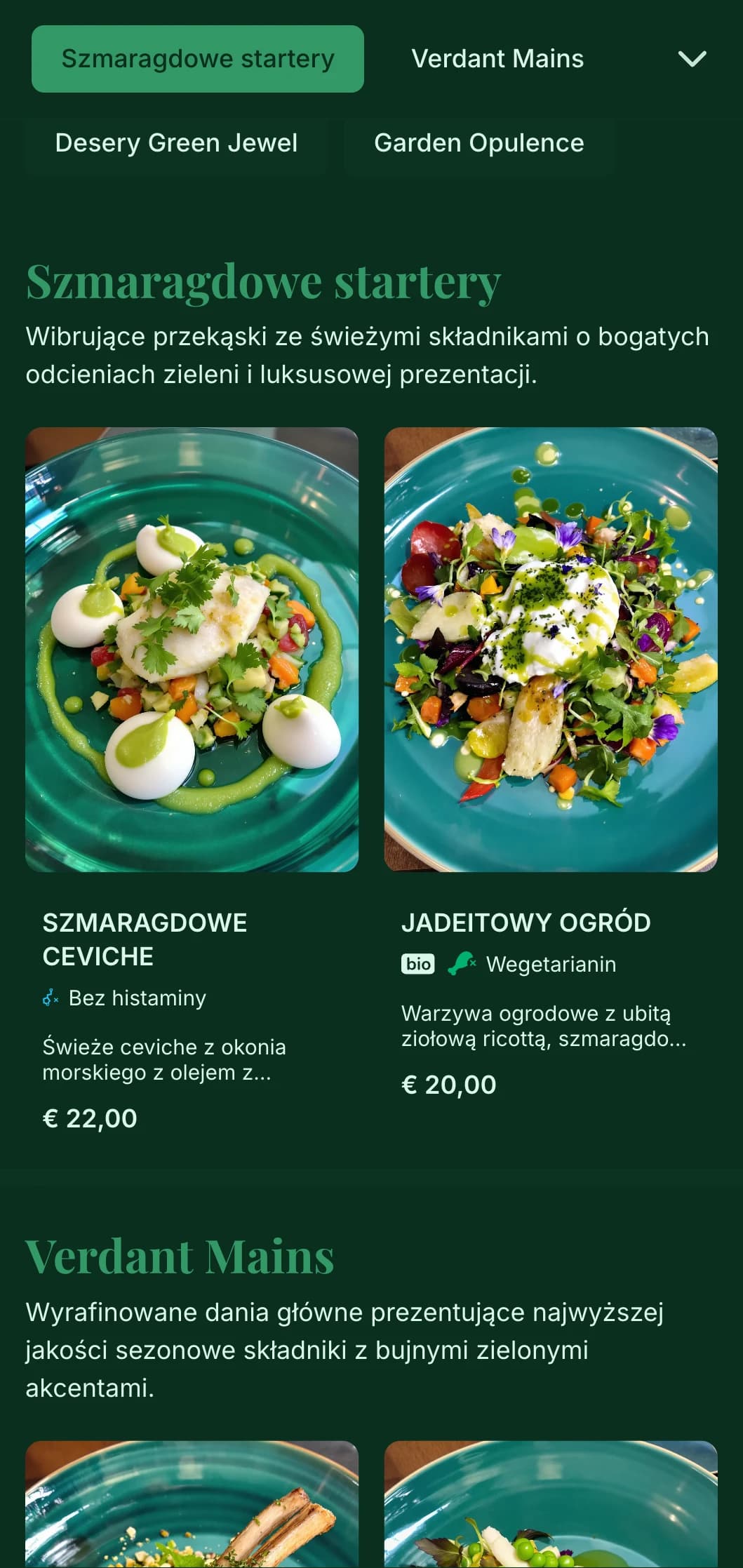Bogata, żywa, zielona koncepcja luksusu inspirowana cennymi szmaragdami i bujnymi ogrodami.