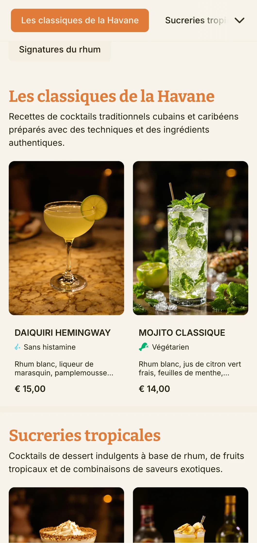Un menu vibrant et tropical inspiré de la culture cubaine des cocktails, parfait pour les bars à rhum et les établissements à thème latin.