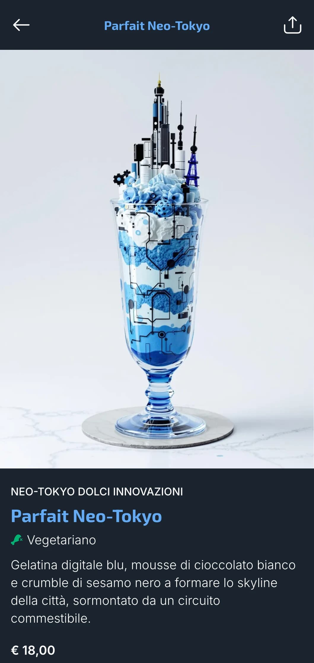 Menu di sushi futuristico ispirato a Tokyo con elementi digitali blu per ristoranti urbani contemporanei.