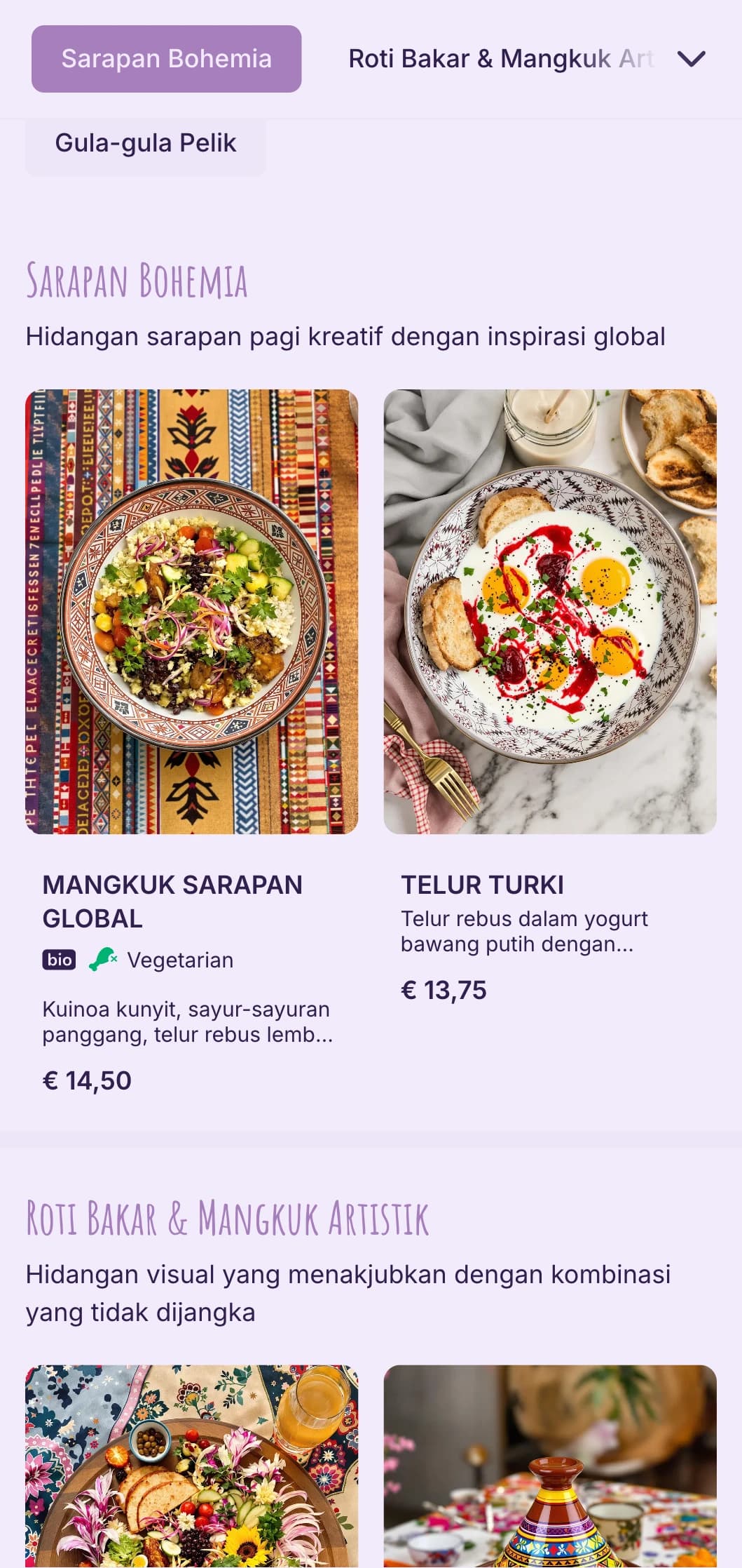 Reka bentuk bersemangat bebas dengan unsur bohemian untuk kafe eklektik dan ruang artistik.