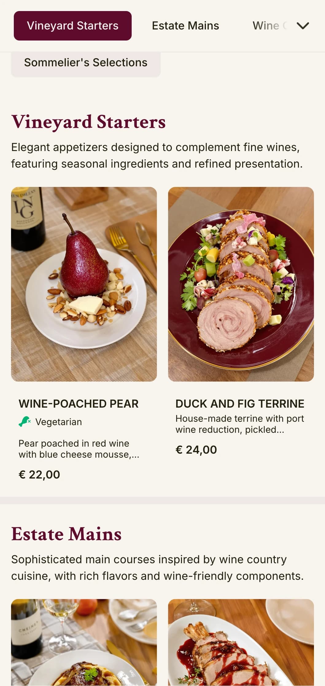 A sophisticated dinner menu with wine-inspired colors and elegant typography, designed for establishments with extensive wine programs.