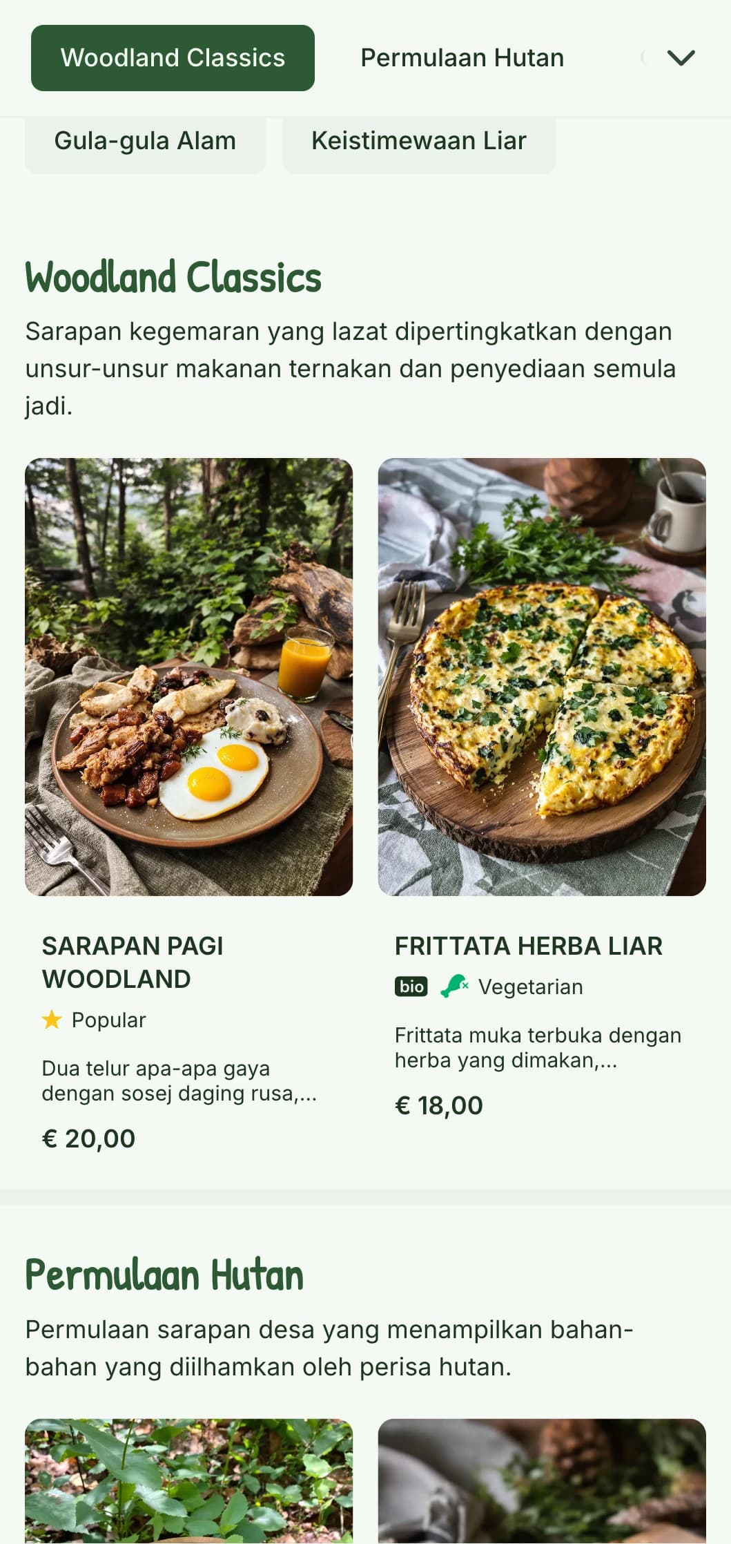 Pilihan sarapan desa yang menampilkan unsur makanan dan persembahan semula jadi yang diilhamkan oleh estetika hutan.