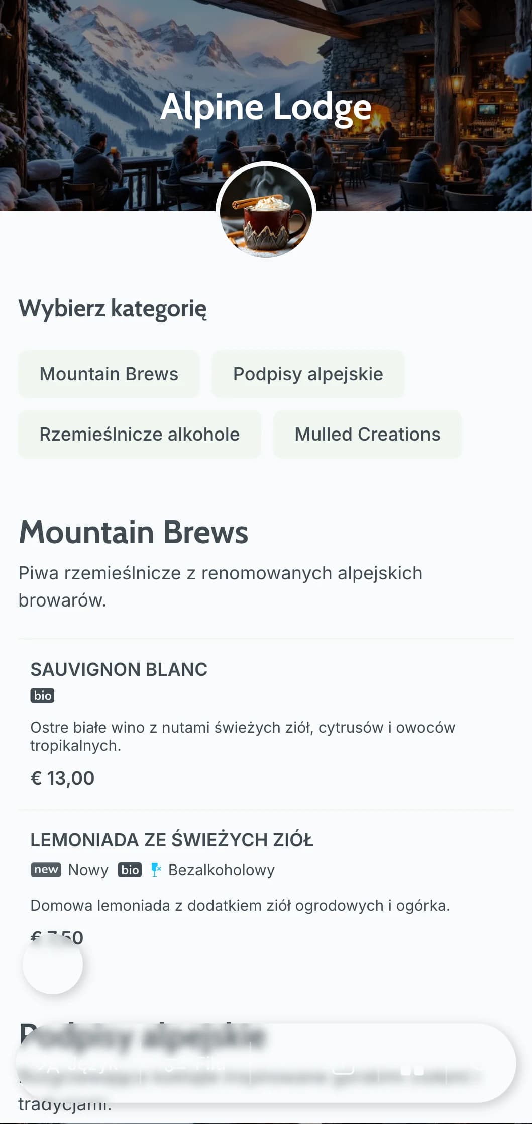 Chłodny szaro-niebieski design inspirowany górskimi schroniskami dla barów après-ski.
