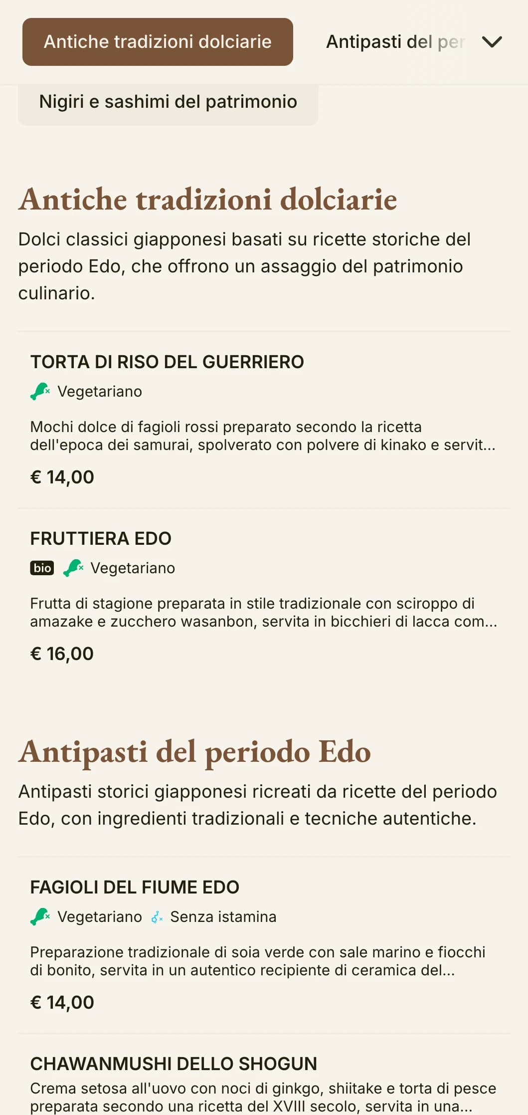 Storico menu di sushi di ispirazione giapponese con estetica tradizionale del periodo Edo e tipografia classica.