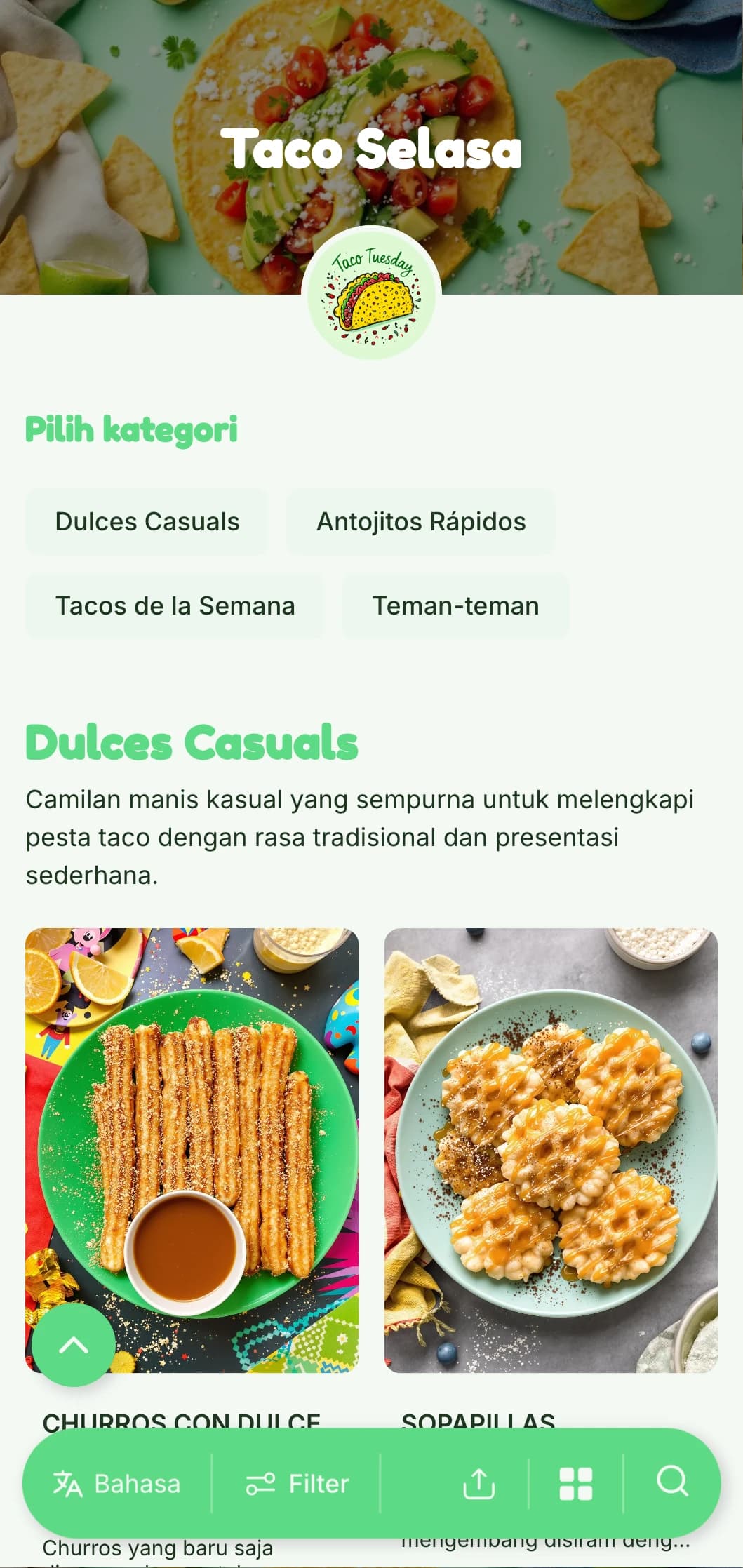 Menu taco yang menyenangkan dan kasual yang menampilkan aksen hijau cerah, ilustrasi yang ceria, dan variasi taco yang kreatif untuk menu spesial di hari kerja.