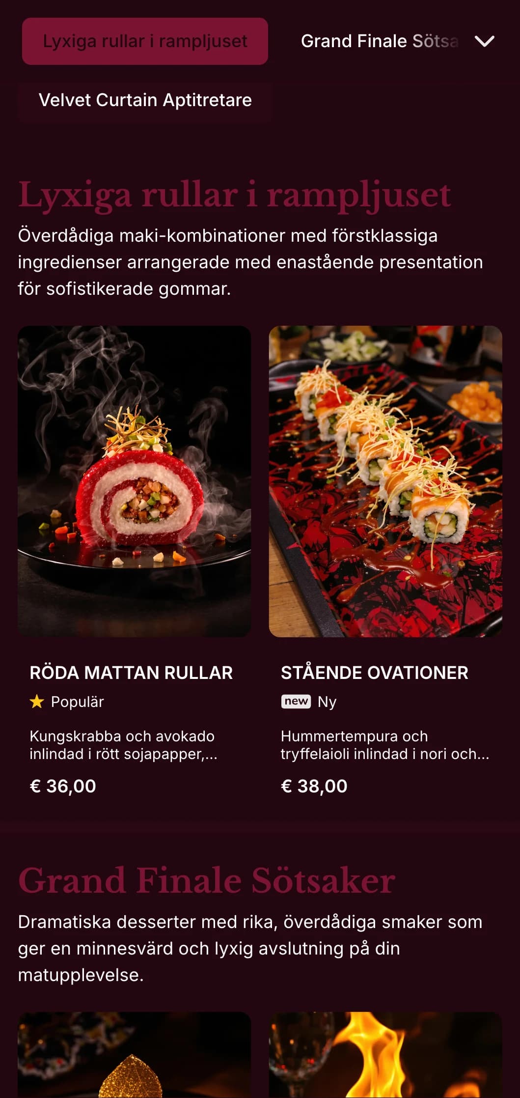 Lyxig sushi-upplevelse med röda sammetstoner och dramatiska element för premiumlokaler.