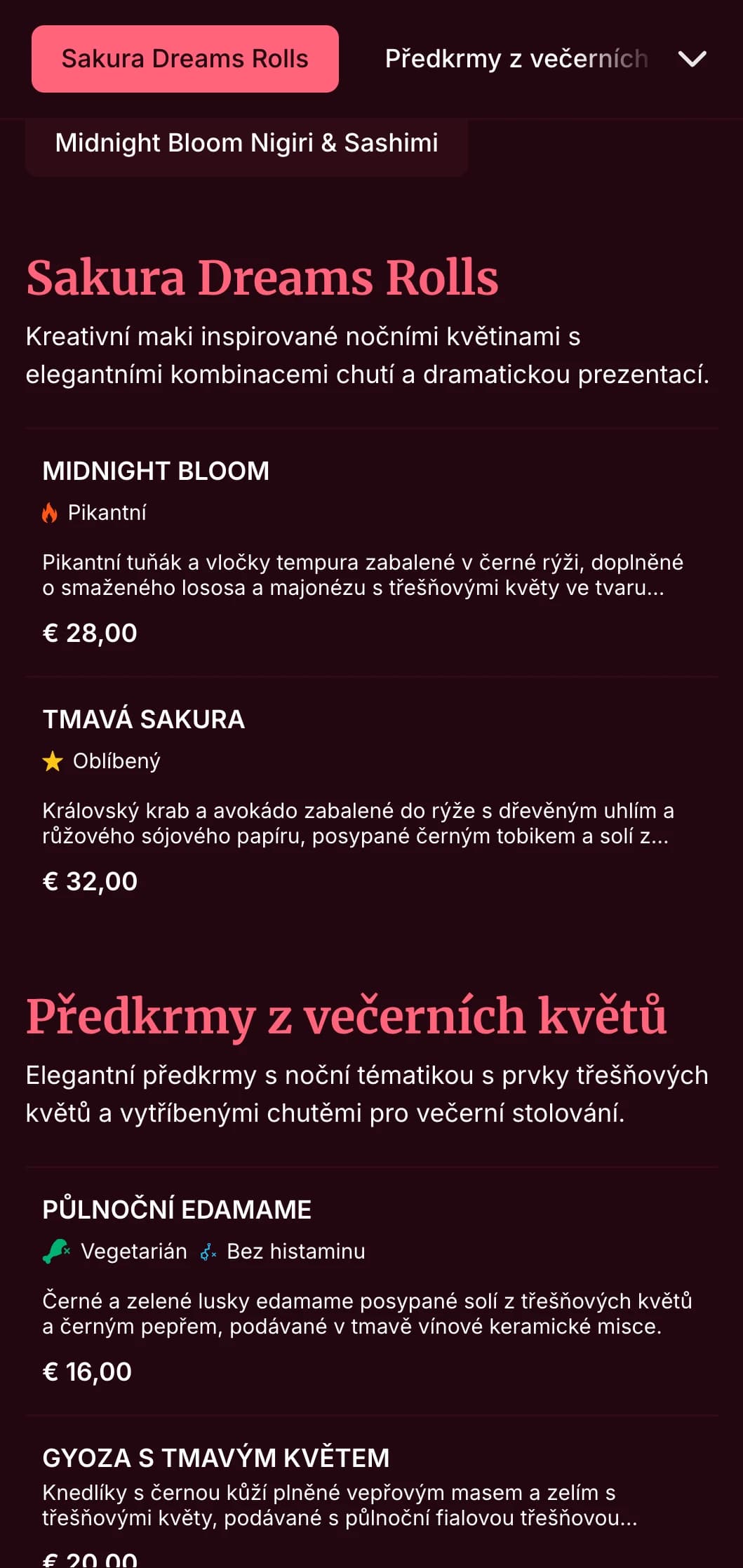 Elegantní večerní sushi s dramatickými motivy třešňových květů na pozadí tmavě vínové barvy pro luxusní stolování.
