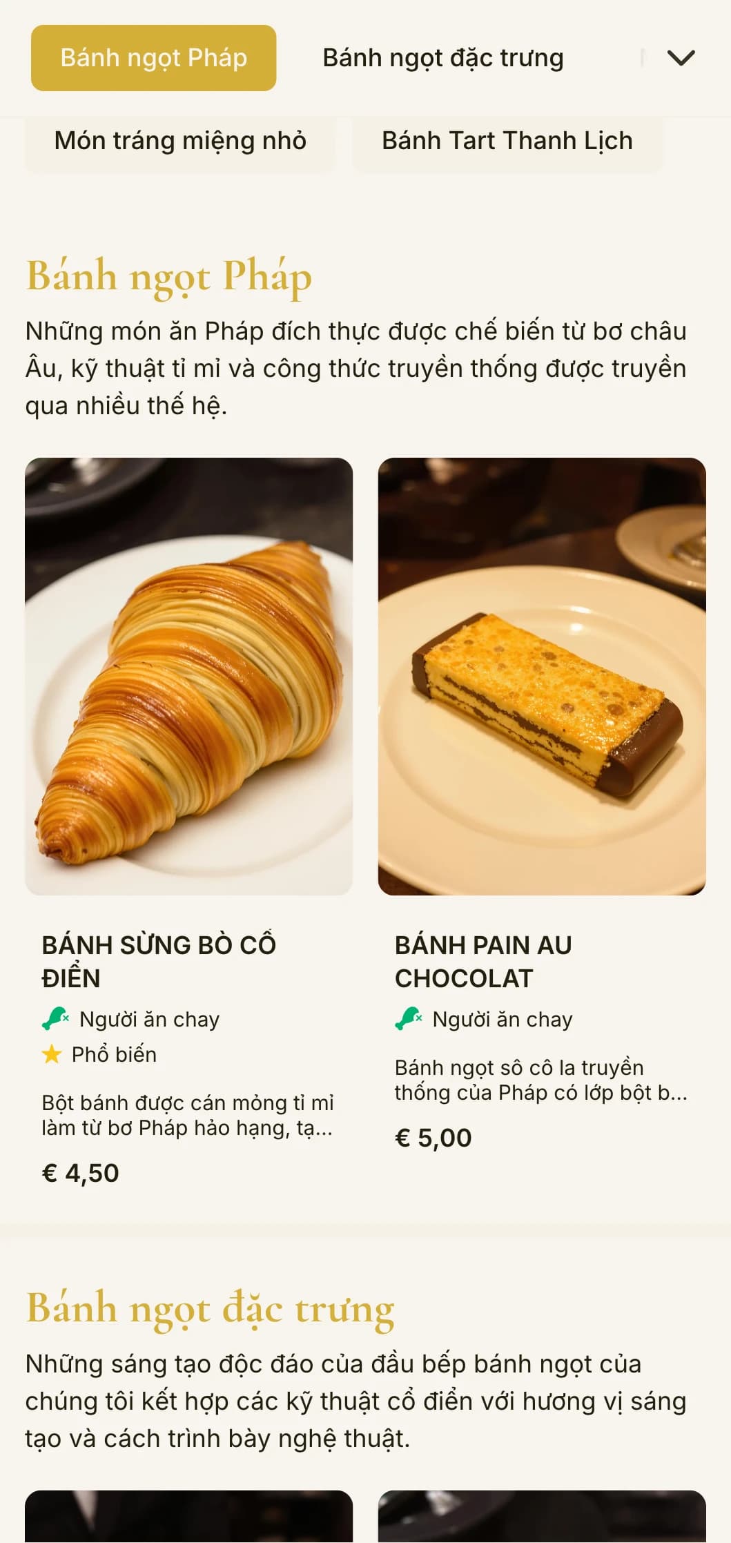 Thiết kế thực đơn bánh thanh lịch, tinh tế với điểm nhấn màu vàng và kiểu chữ tinh tế, hoàn hảo cho các tiệm bánh ngọt và cửa hàng tráng miệng cao cấp.