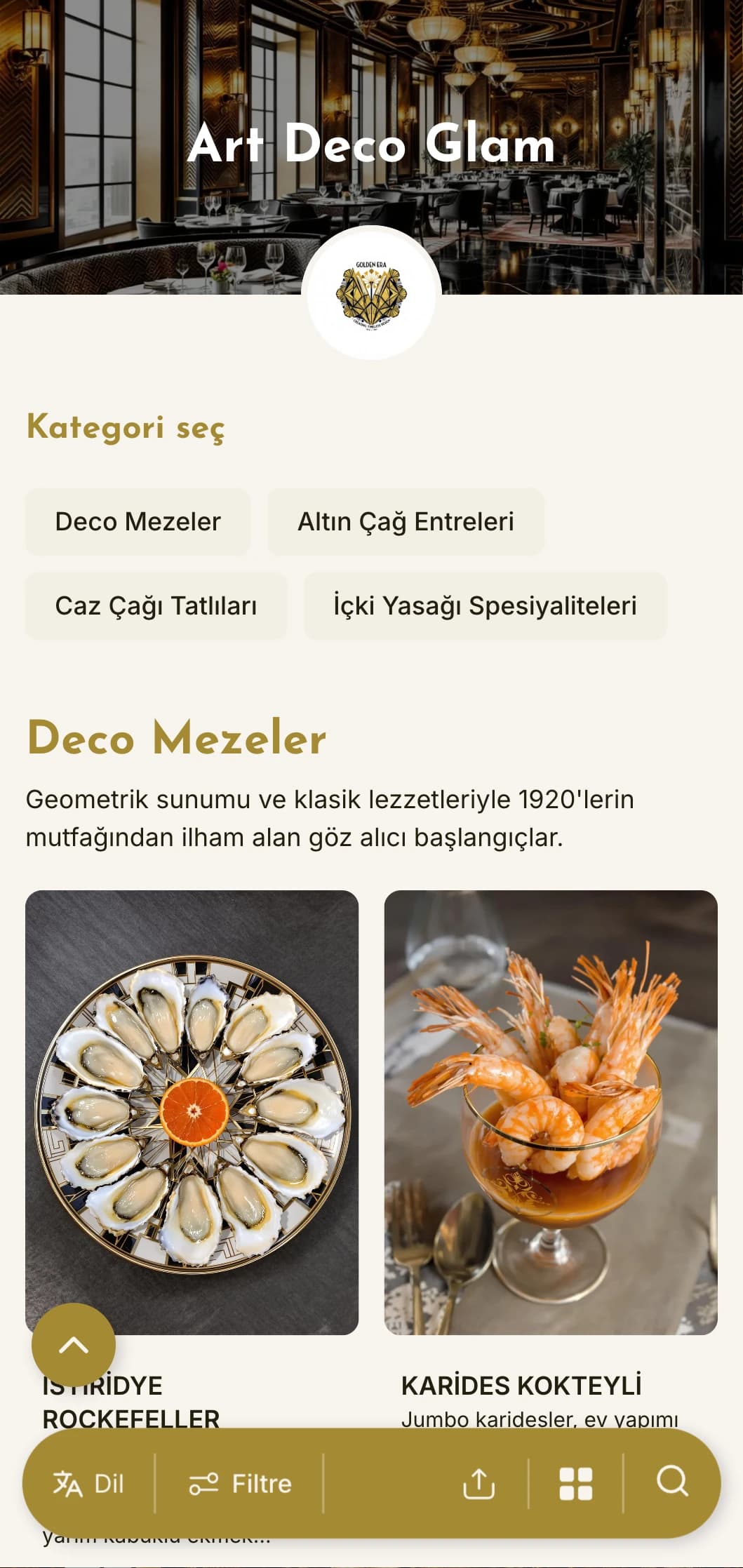 Geometrik desenler ve metalik vurgular içeren 1920'lerden ilham alan göz alıcı bir akşam yemeği menüsü, vintage havası olan işletmeler için ideal.