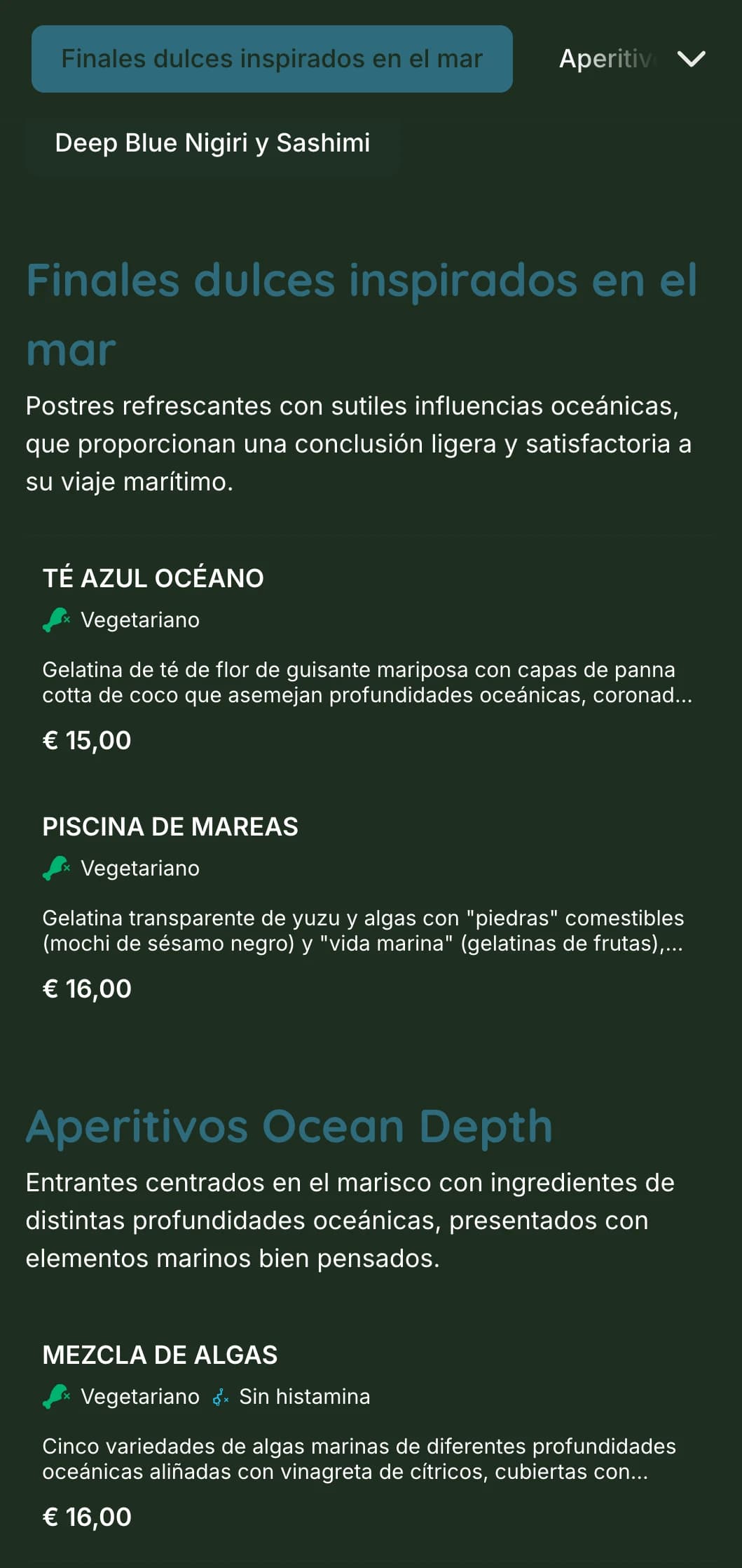 Tranquilo menú de sushi azul profundo inspirado en las profundidades oceánicas, con elementos marinos y énfasis en el marisco fresco.