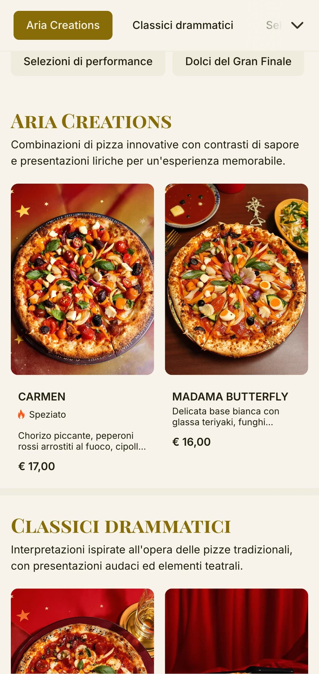 Menu pizza teatrale ispirato all'opera italiana con una gerarchia visiva drammatica.