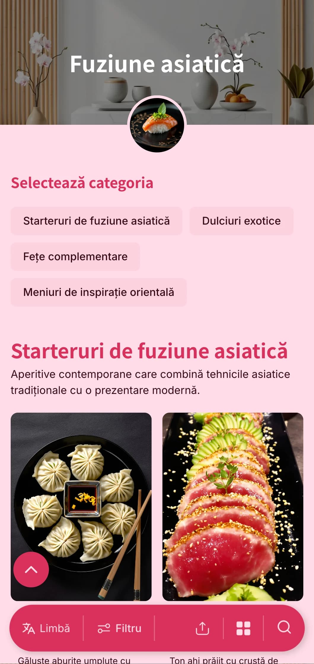 Catering contemporan de inspirație asiatică care combină tehnicile tradiționale cu prezentarea modernă pentru evenimente la modă și întâlniri internaționale.