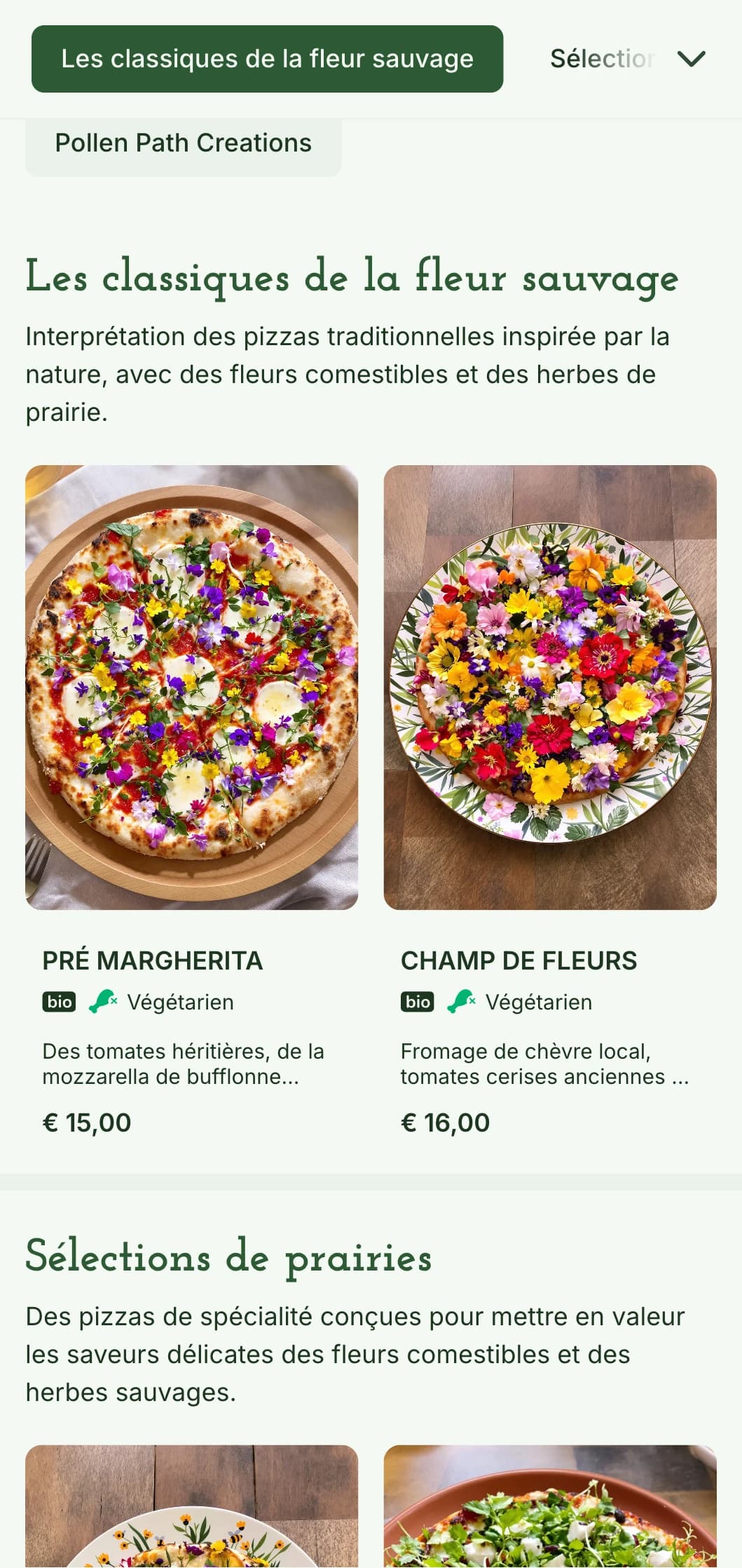 Carte de pizzas inspirée des fleurs sauvages, mettant l'accent sur les ingrédients locaux, issus de la cueillette, et sur une présentation naturelle.