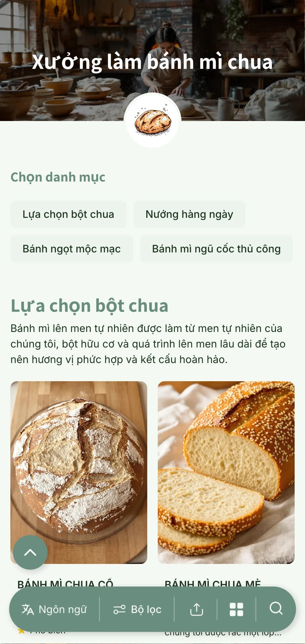 Thiết kế thực đơn bánh mộc mạc nhưng tinh tế với tông màu xanh đất và kiểu chữ thủ công, hoàn hảo cho các chuyên gia làm bánh mì chua và tiệm bánh thủ công.