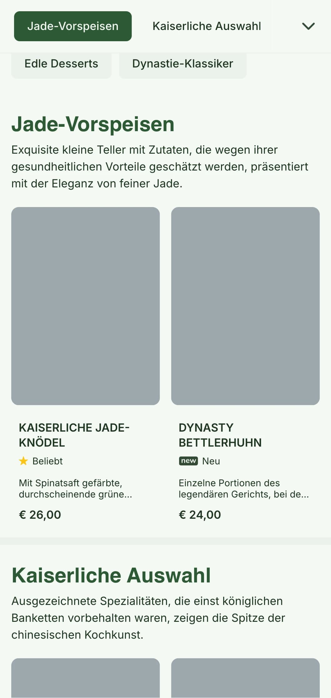Elegantes chinesisches Menü-Design mit Jade-Motiven und von der Dynastie inspirierten Elementen für gehobene Restaurants und Bankettservices.
