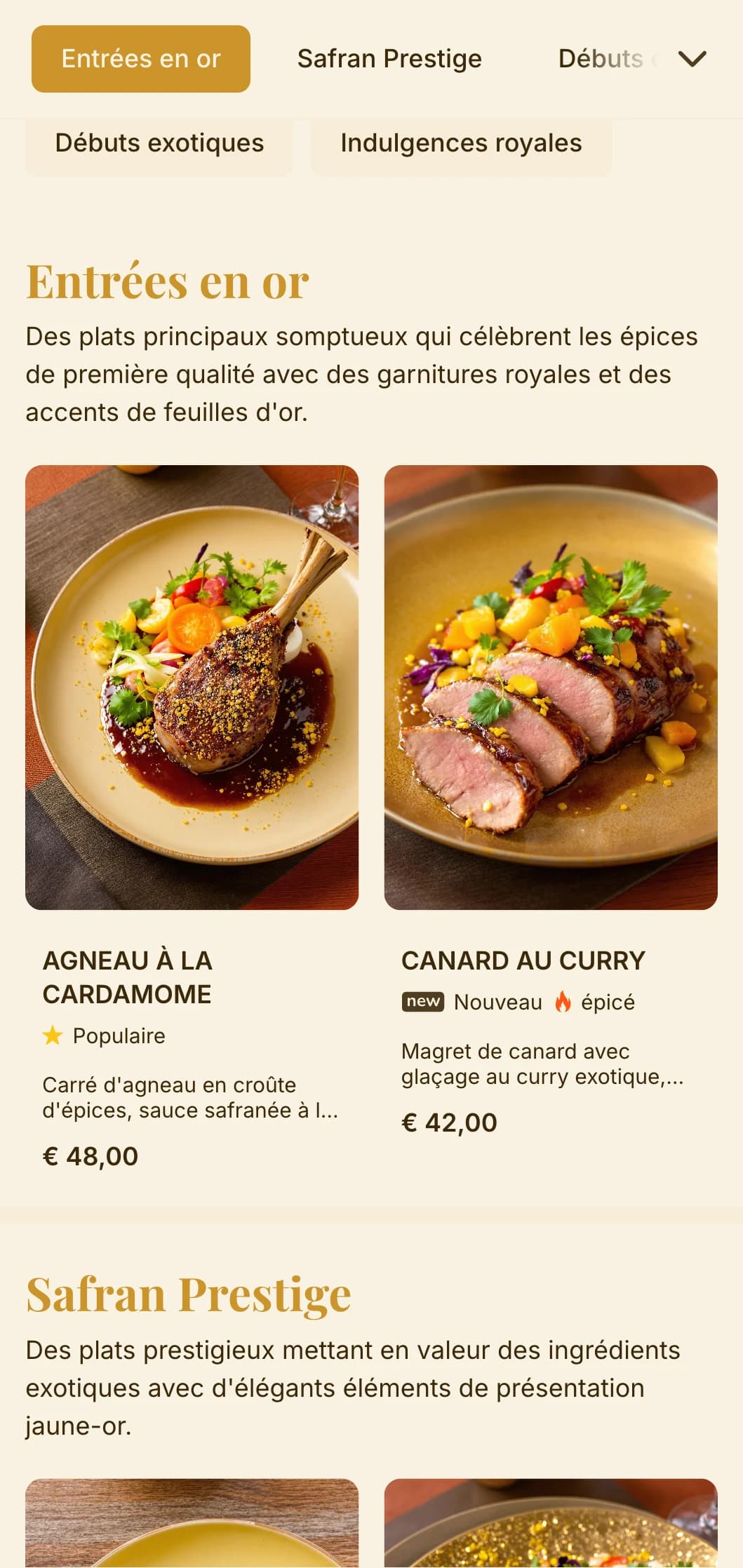 Concept opulent inspiré des épices exotiques et des traditions culinaires royales, avec de riches tons dorés et safranés.