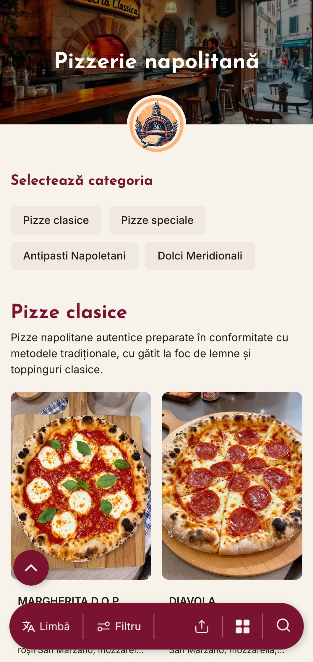 Design vibrant, cu culori calde și elemente rustice, care celebrează tradiția pizzei din Napoli și flerul sud-italian.