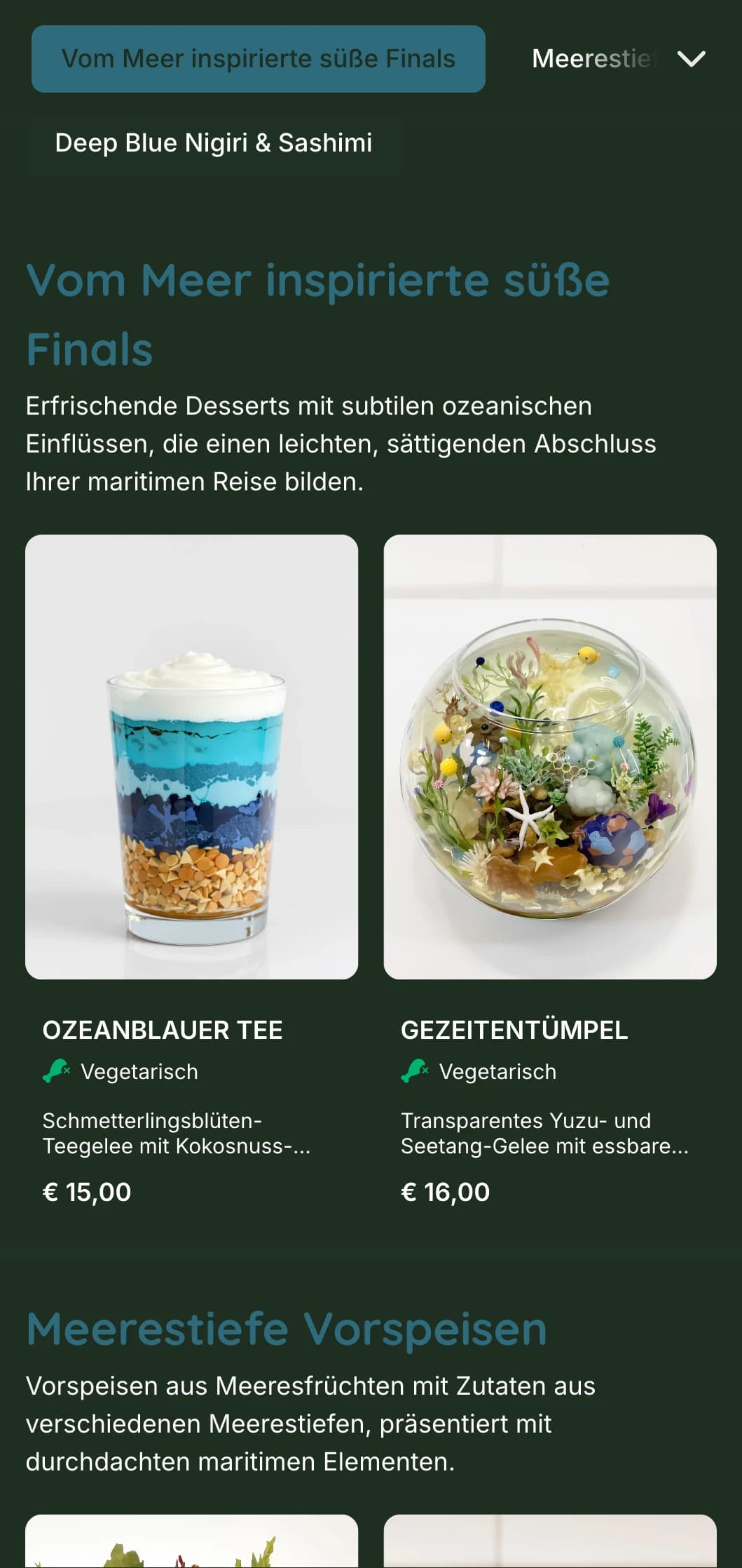 Ein ruhiges, tiefblaues Sushi-Menü, inspiriert von den Tiefen des Ozeans, mit maritimen Elementen und Schwerpunkt auf frischen Meeresfrüchten.