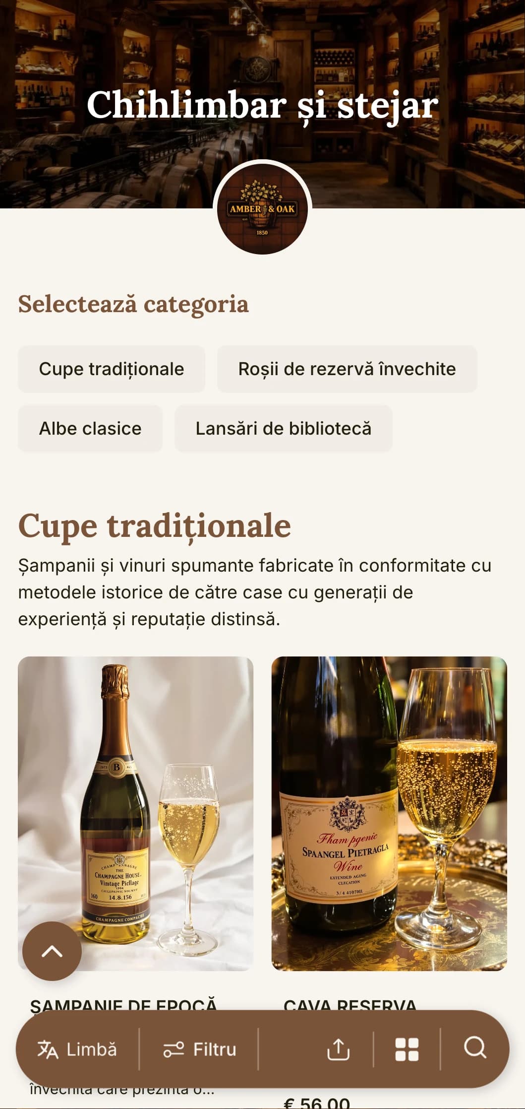 Șablon de listă de vinuri tradițional, cu accente de chihlimbar și stejar, perfect pentru crame consacrate și restaurante de patrimoniu cu programe de pivniță.