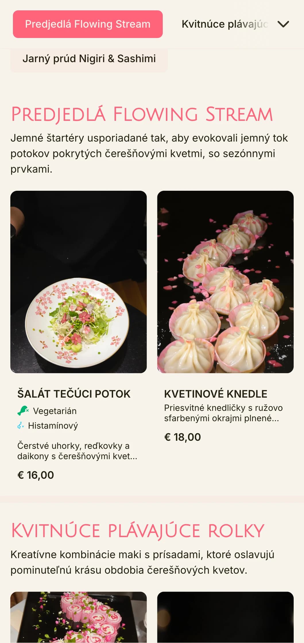 Plynulé menu sushi inšpirované čerešňovými kvetmi s jemnými ružovými akcentmi a prírodnými prvkami.
