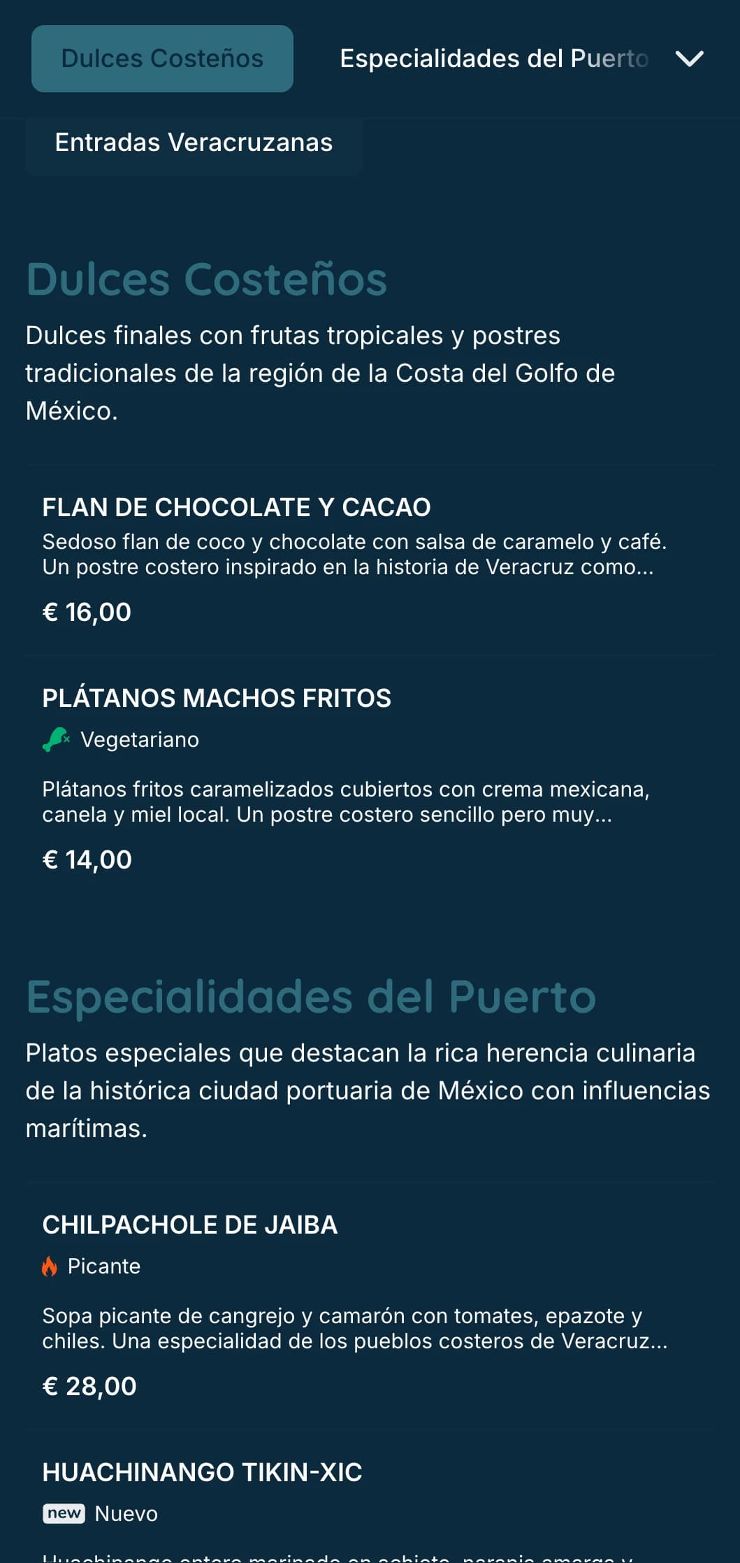 Fresco y sabroso menú costero que muestra las especialidades de mariscos de Veracruz con acentos turquesa, imágenes costeras y preparaciones de pescado de autor.