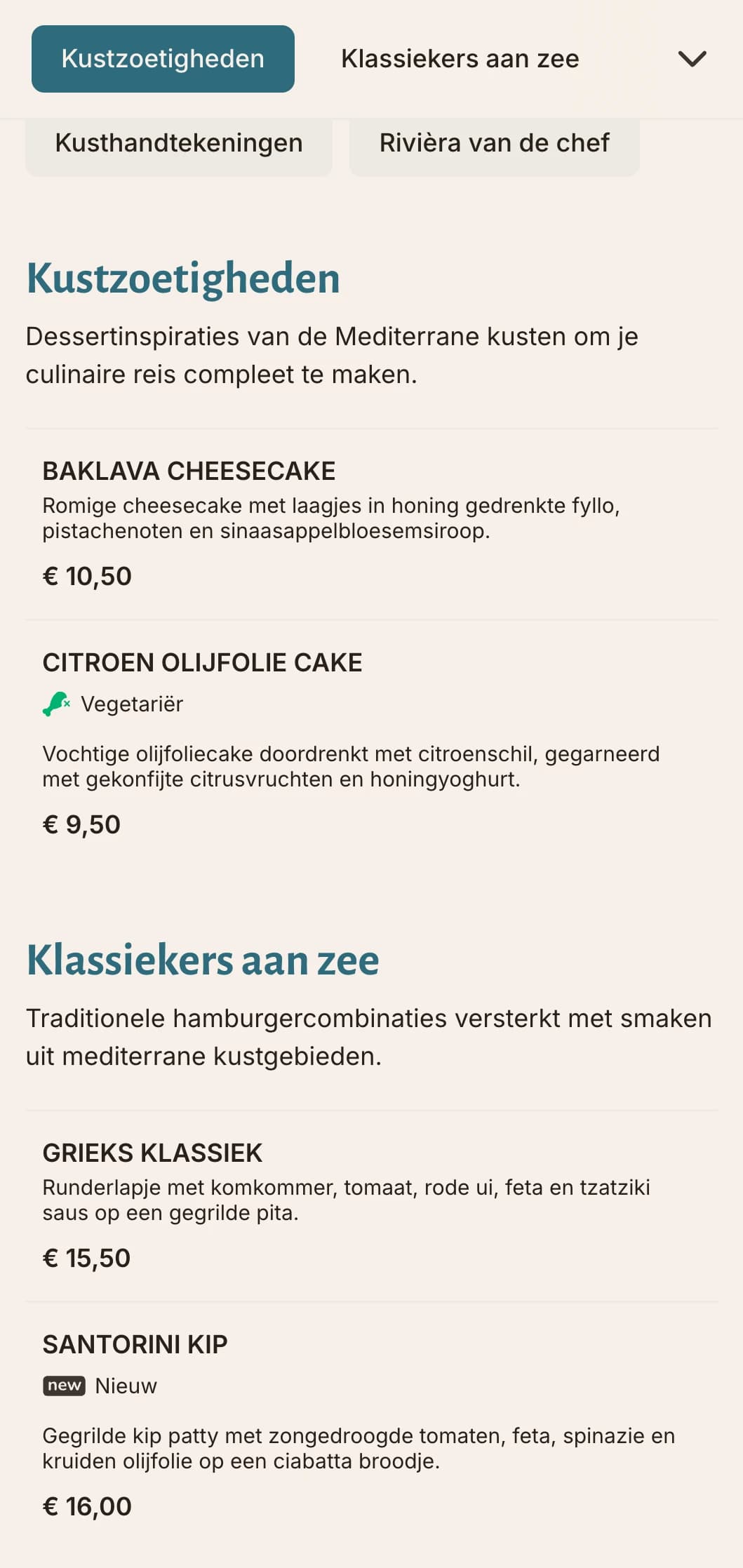 Kustgeïnspireerd burgermenu met mediterrane blauwe accenten en focus op verse ingrediënten.