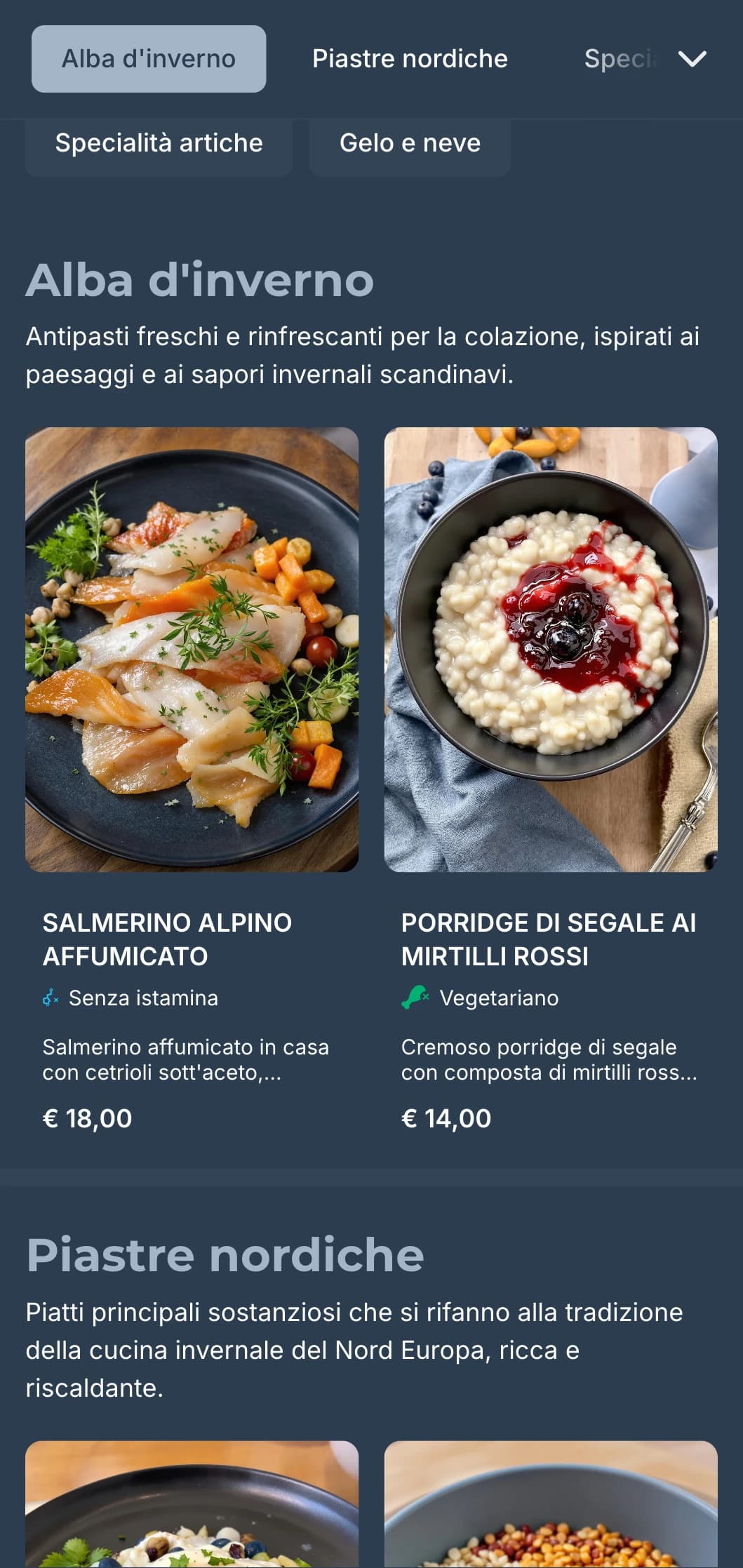 Modello blu intenso con accenti freddi, ispirato all'estetica invernale scandinava per i caffè contemporanei.