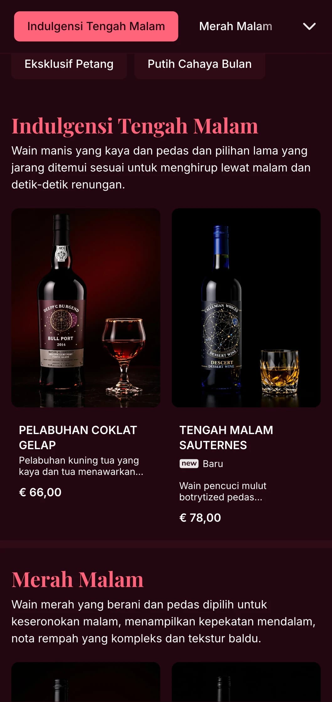 Templat senarai wain yang sangat dramatik dengan aksen merah jambu yang menarik dengan latar belakang burgundy dalam, sesuai untuk ruang istirahat wain eksklusif dan tempat malam.