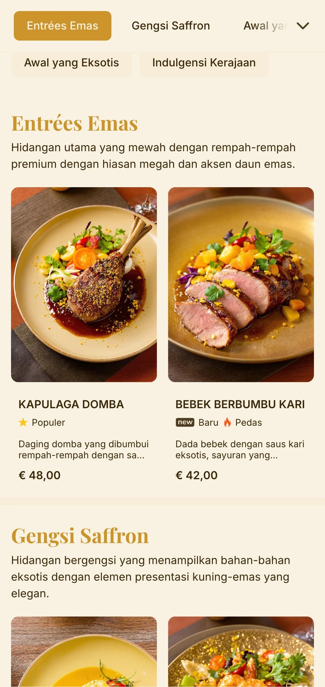 Konsep mewah yang terinspirasi dari rempah-rempah eksotis dan tradisi bersantap kerajaan dengan warna emas dan kunyit yang kaya.